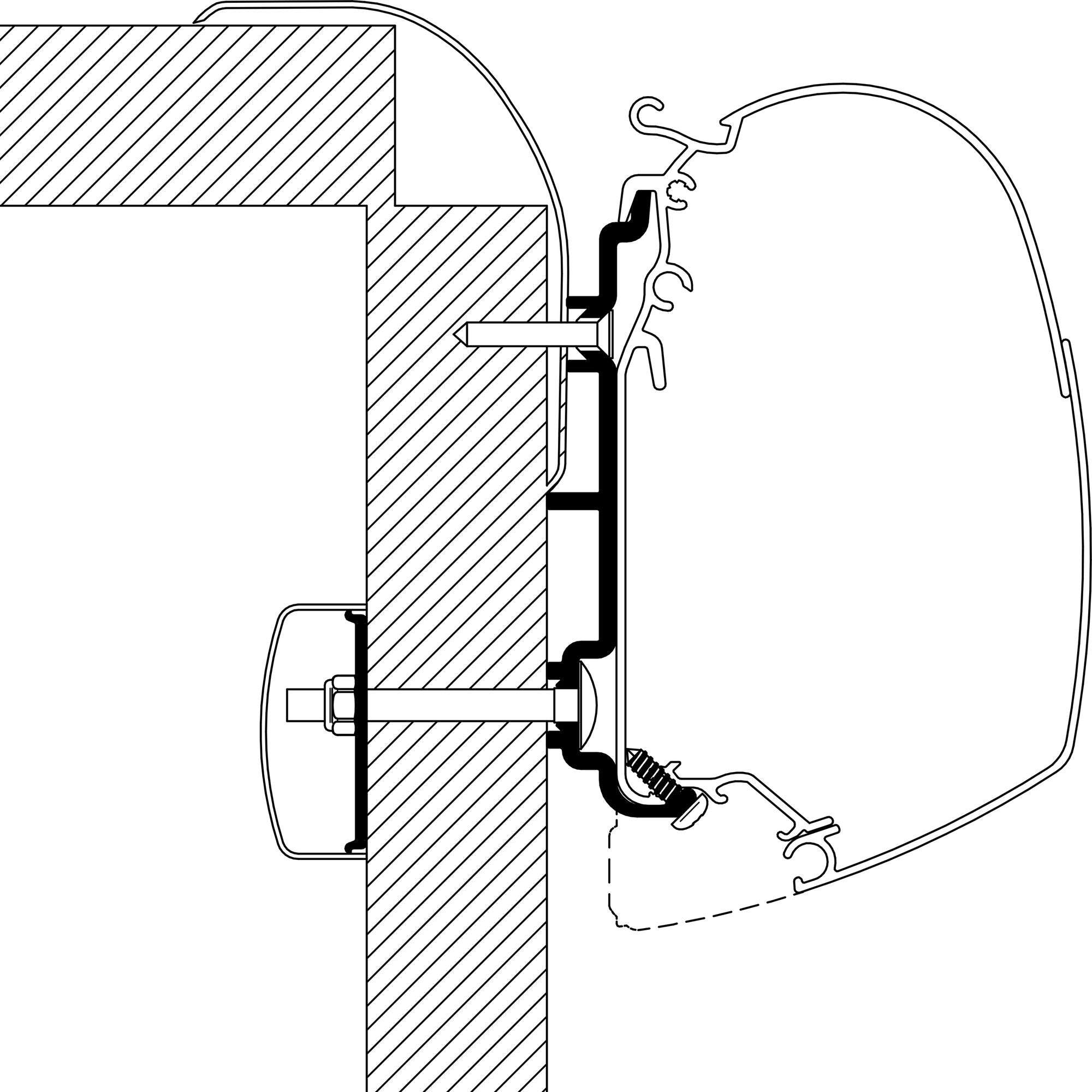Technische Zeichnung eines Adaptersystems zur Montage an einer vertikalen Struktur, sichtbar mit runden Gehäusen, Bolzenbefestigungen, Klemmen und Schläuchen