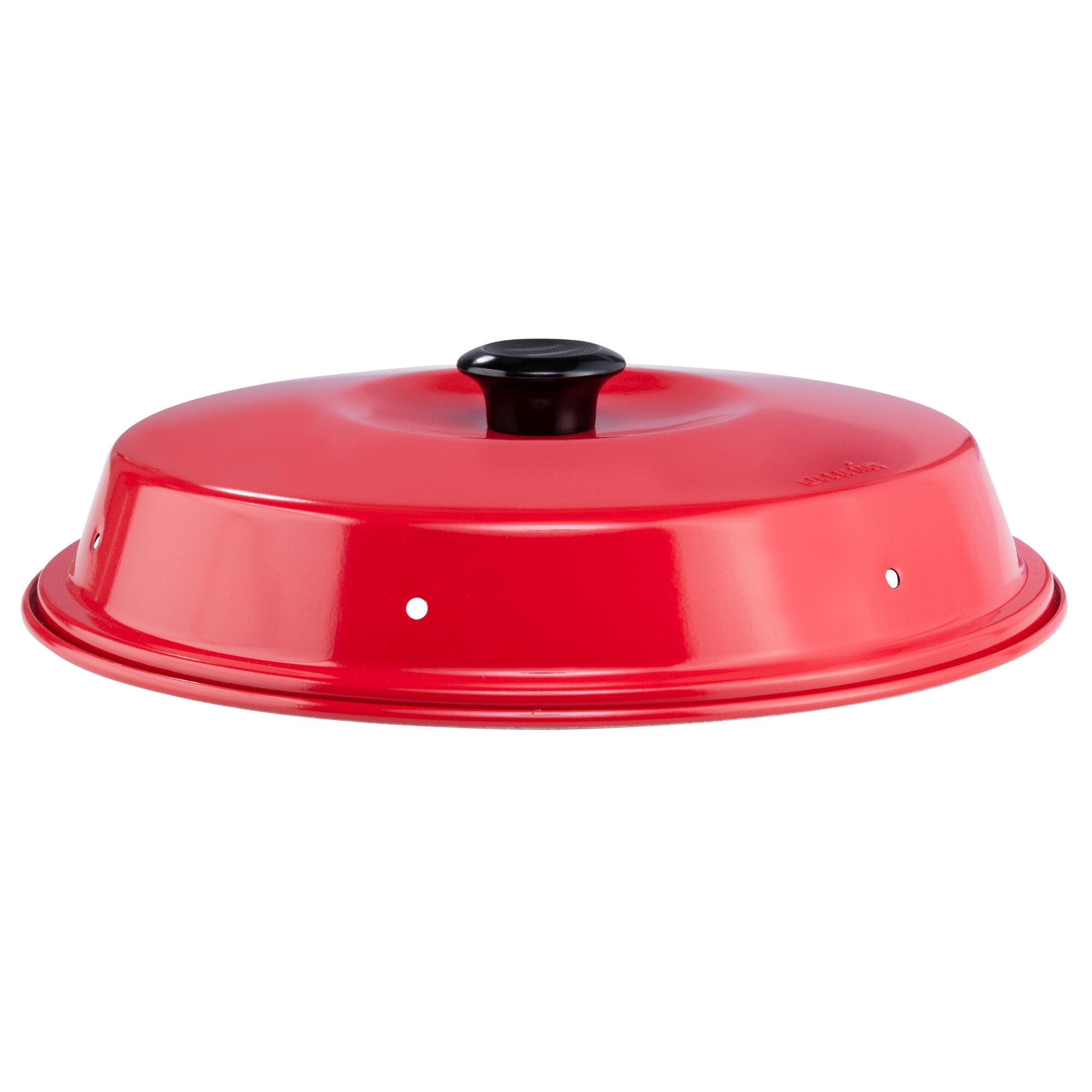 Roter runder Kochtopfdeckel mit schwarzem flachen Deckelknopf und mehreren kleinen Löchern am Rand, Nahaufnahme