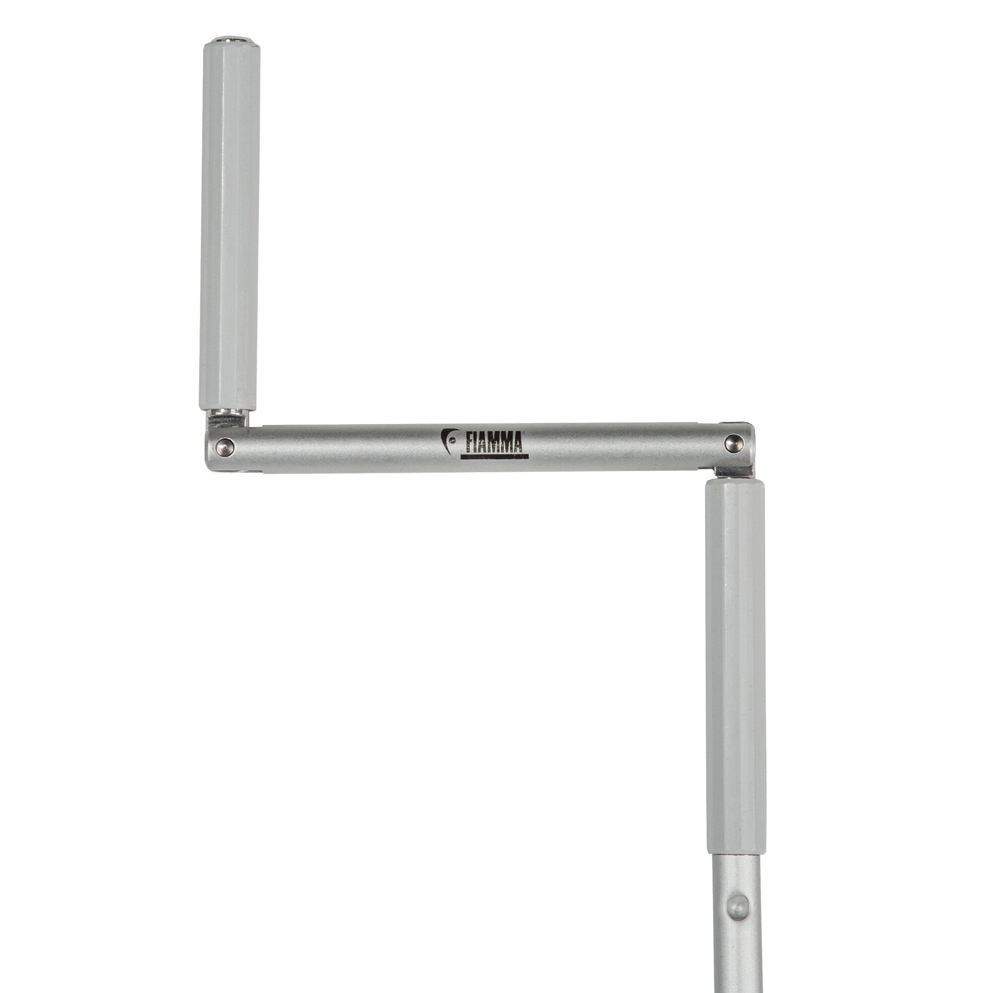 Aluminium-Handkurbel in Silber mit langer vertikaler Griffstange und horizontalem Rohrabschnitt, FIAMMA-Logo klar sichtbar