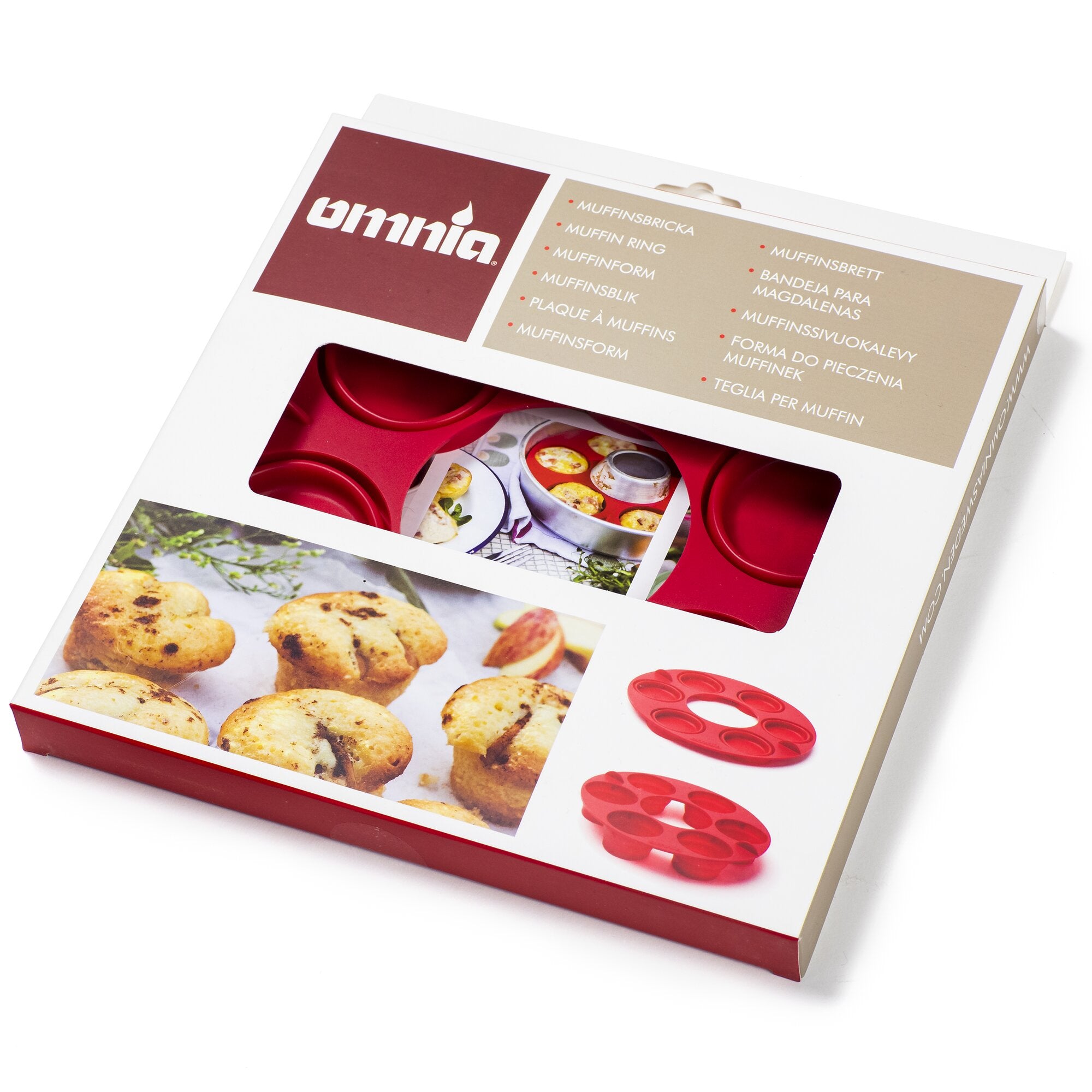 Verpackung eines Muffin-Tab Sets mit roten Silikon-Muffinformen; auf der Vorderseite sind Fotos von gebackenen Muffins zu sehen