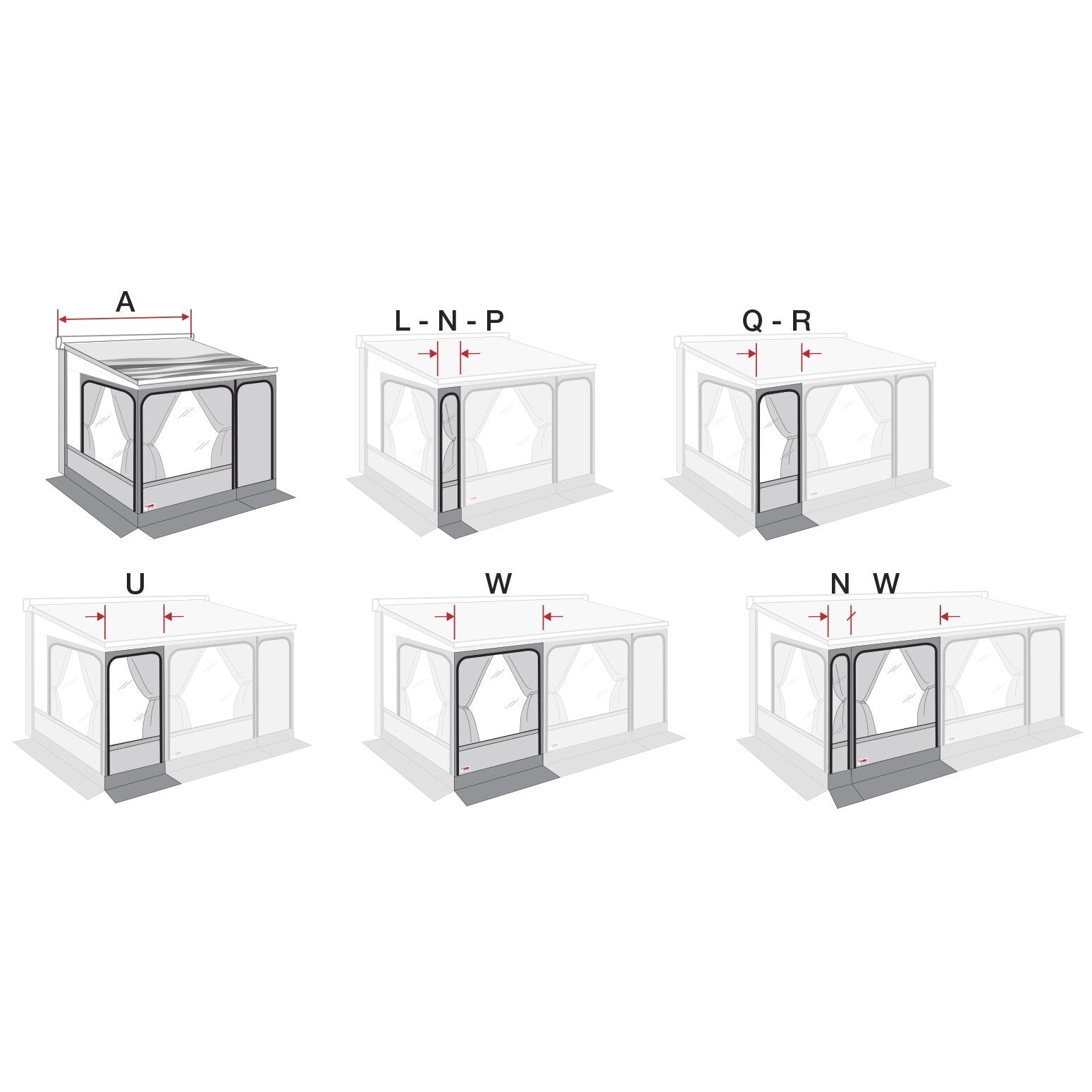 Sechs isometrische Diagramme des Markisenzelts Privacy Room F45, 300 Large mit rot markierten Abmessungen A, L-N-P, Q-R, U, W und N-W