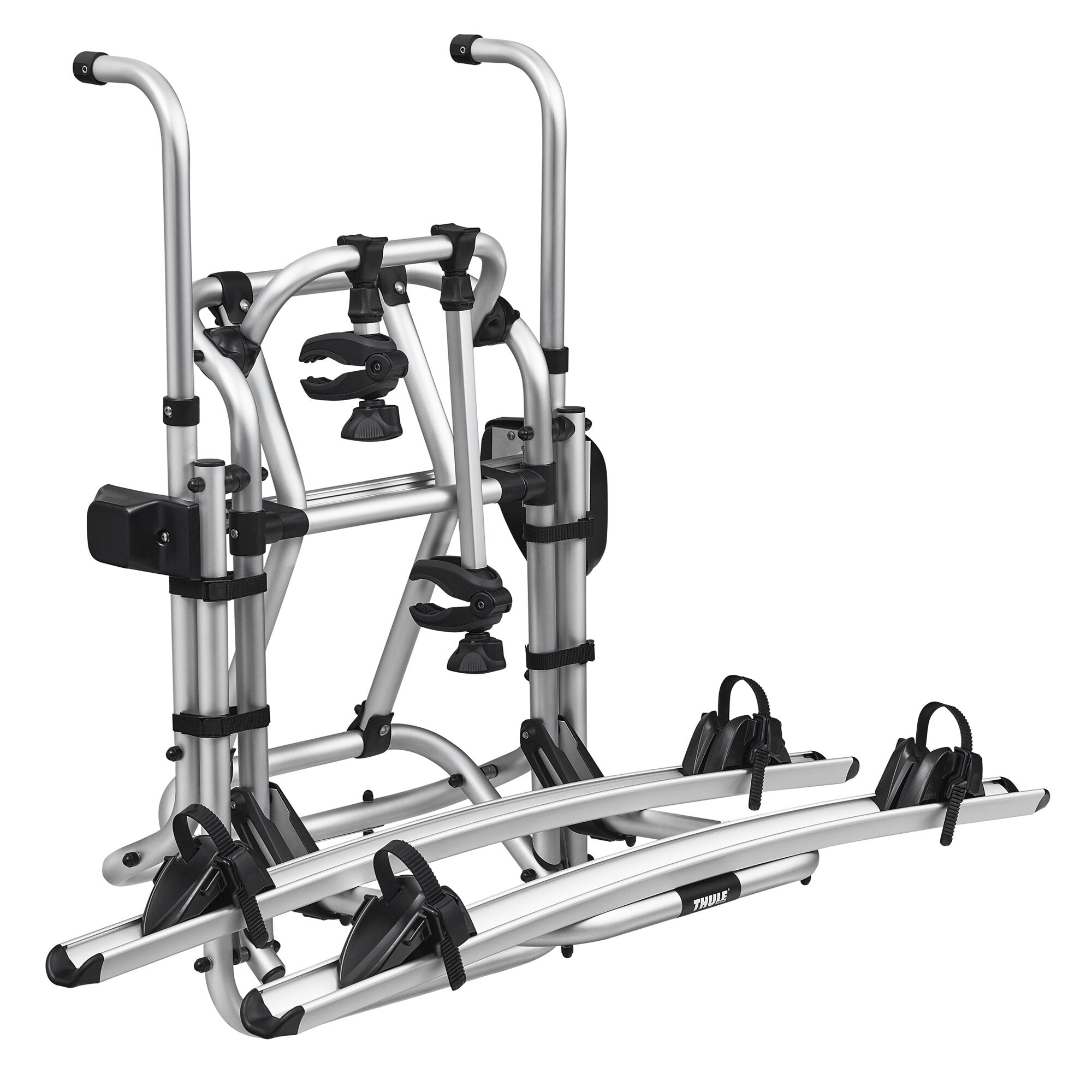 Thule Lift 12 Volt Fahrradträger aus silbernen Aluminiumrohren, sichtbare vertikale Stützen, Halteklammern und Spanngurte an der Trägerbasis