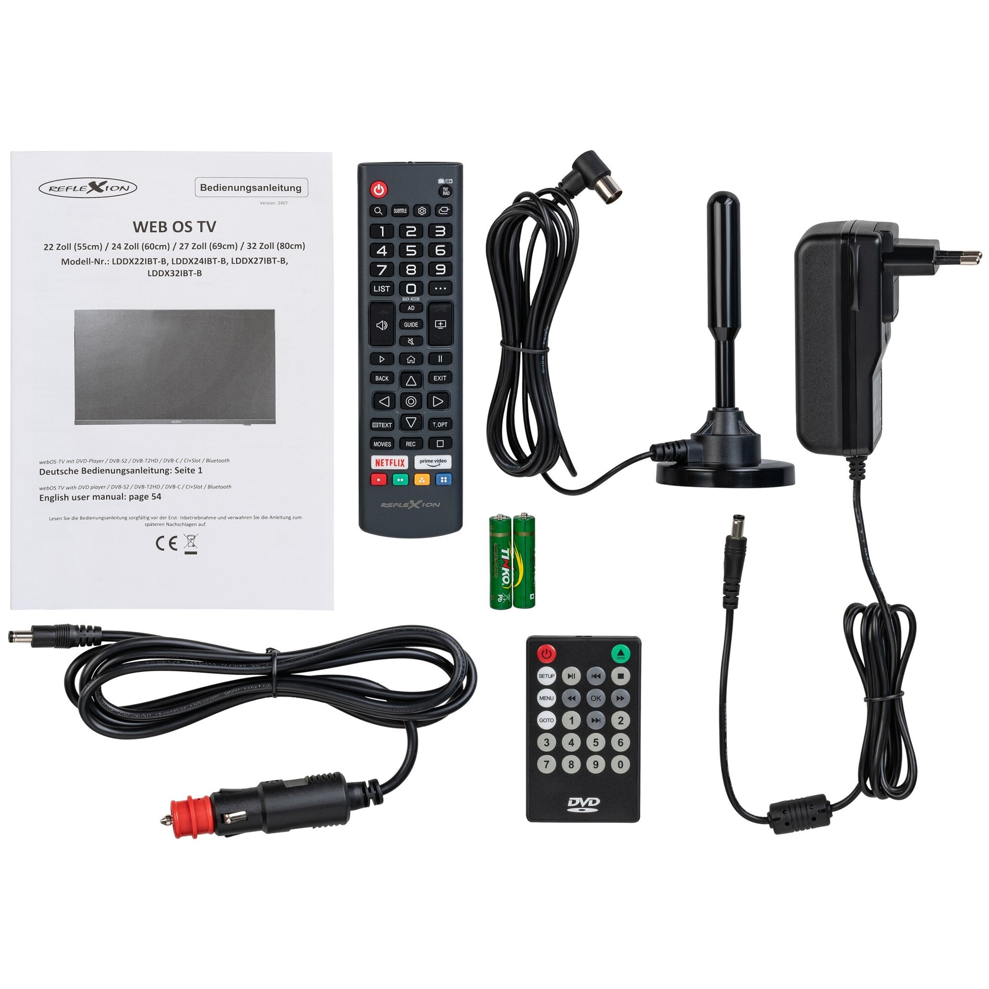 Verpackung mit Bedienungsanleitung WEB OS TV, schwarze Fernbedienung, Kabel, Standfuß, Netzteil und Batterien für 27 Zoll Reflexion LDDXiBT