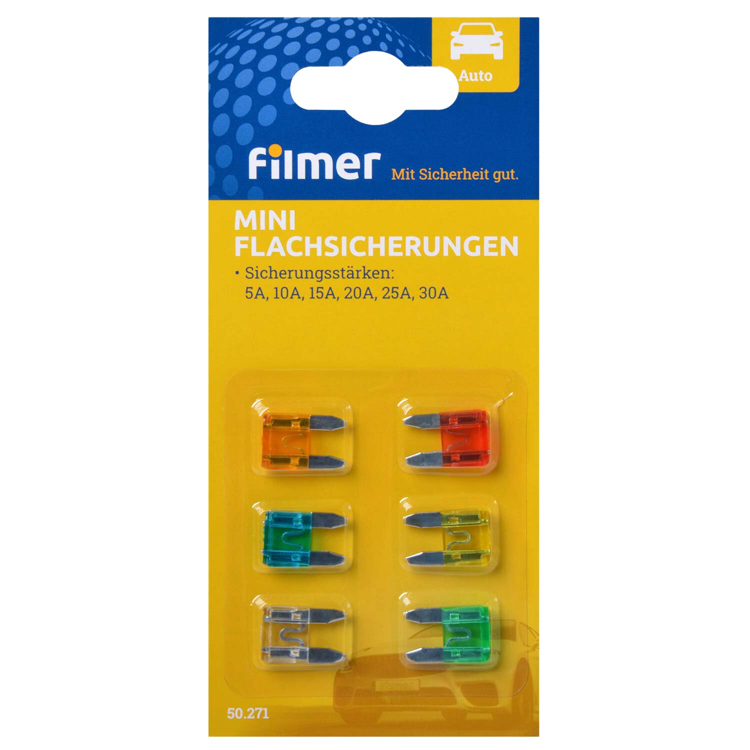 Verpackung mit sechs bunten Mini-Flachsicherungen in farbcodierten Gehäusen; Sicherungsstärken 5A bis 30A, Filmer Auto