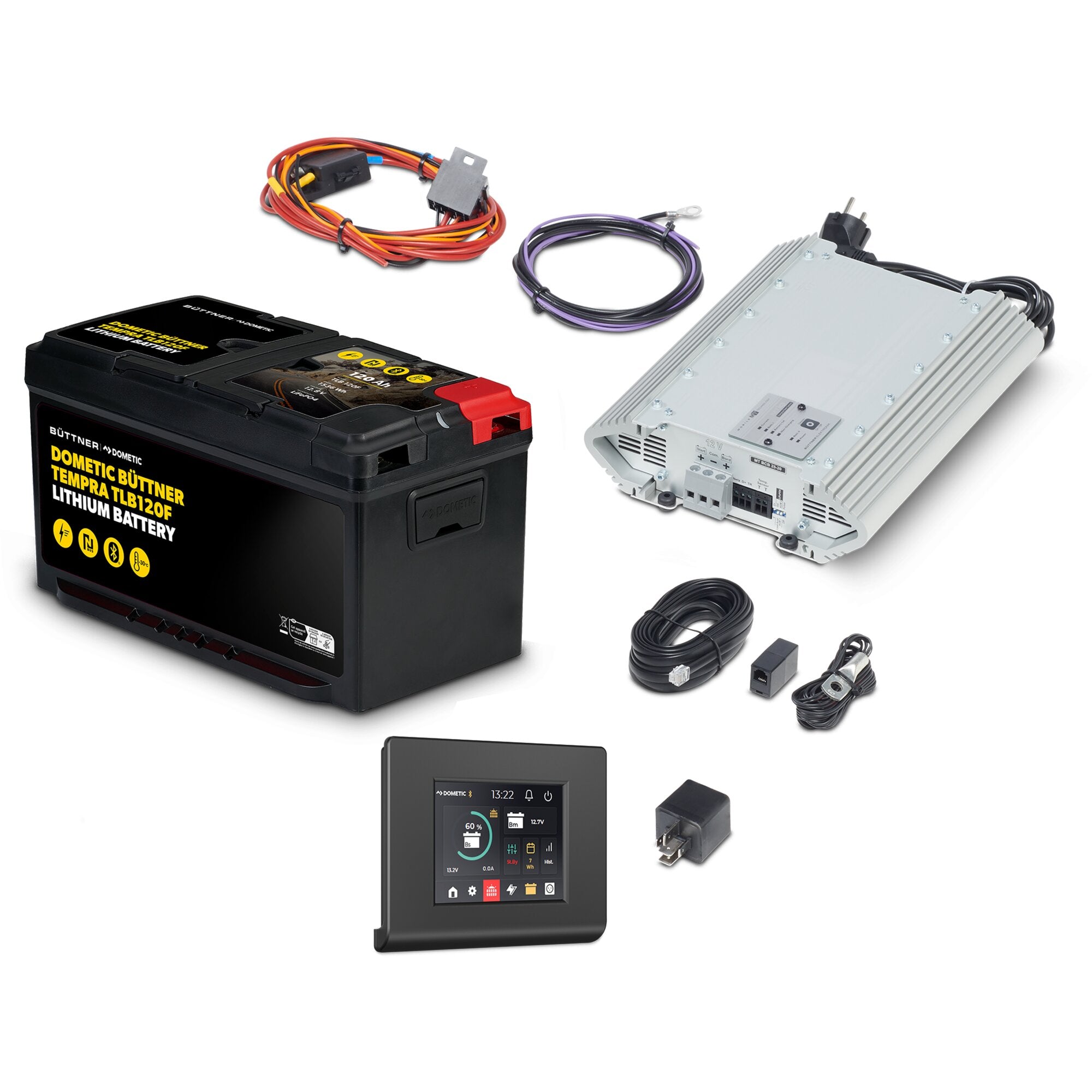 Schwarze Lithium-Batterie 120 Ah mit Aufkleber, rotes und oranges Kabelbündel, lila Kabel, grauer Wechselrichter mit Kühlrippen, Display-Steuerpanel
