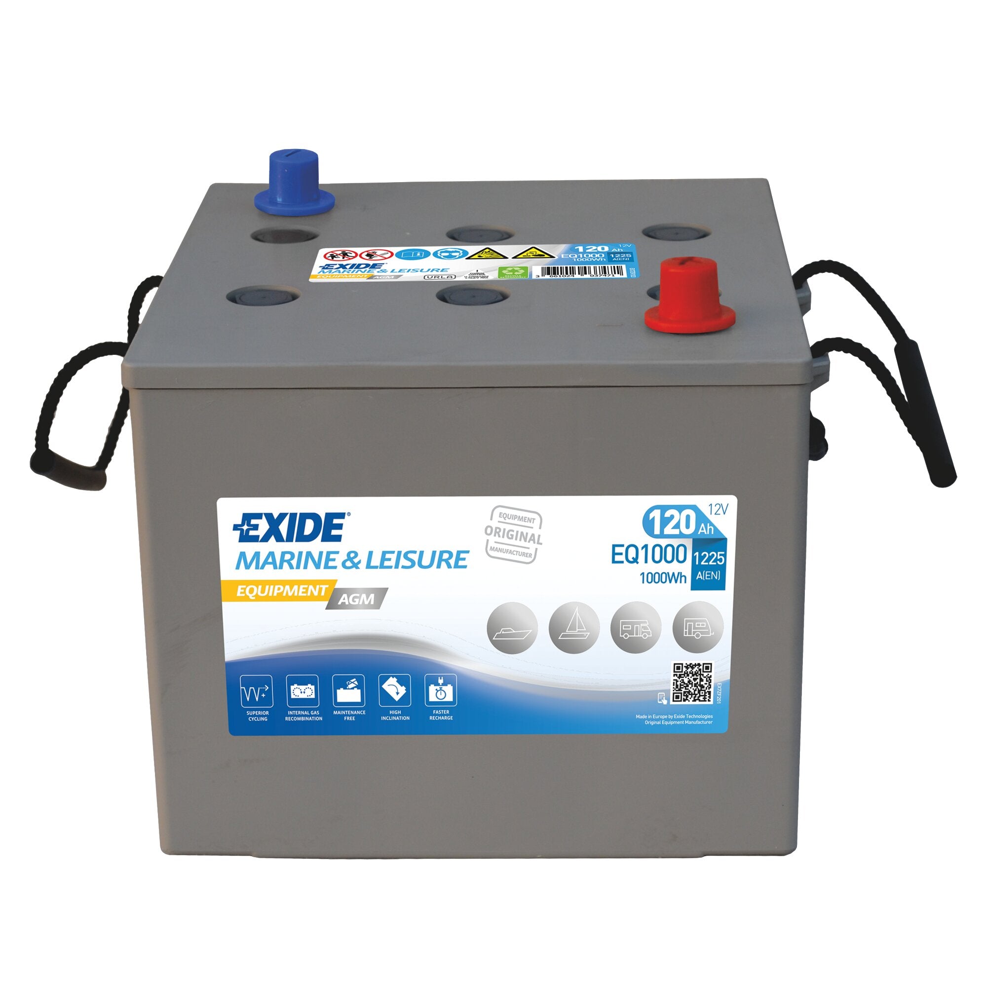 Graue AGM-Batterie mit 120 Ah, blauer Pol links, roter Pol rechts, schwarze Tragegriffe und Etikett Exide Marine & Leisure