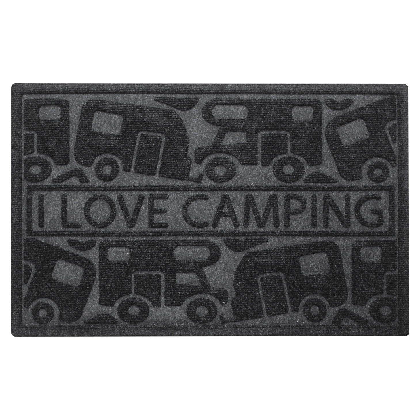 Schwarze Fußmatte mit geprägtem Muster aus Fahrzeugen und dem Text I LOVE CAMPING