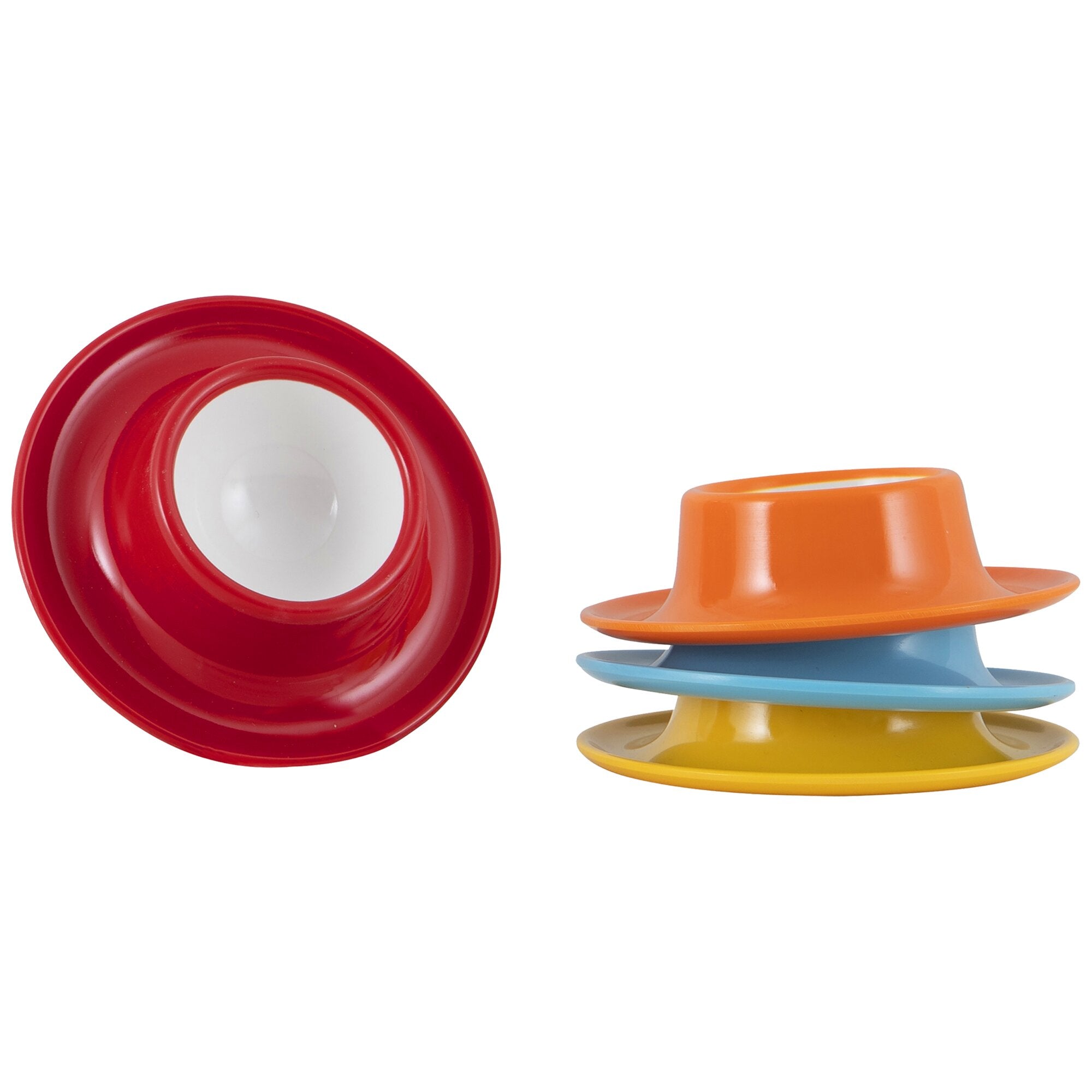 Vierfarbiges Eierbecher-Set Colour Line; roter Eierbecher deutlich im Vordergrund, daneben stapelbare Becher in Orange, Blau und Gelb vor weißem Hintergrund