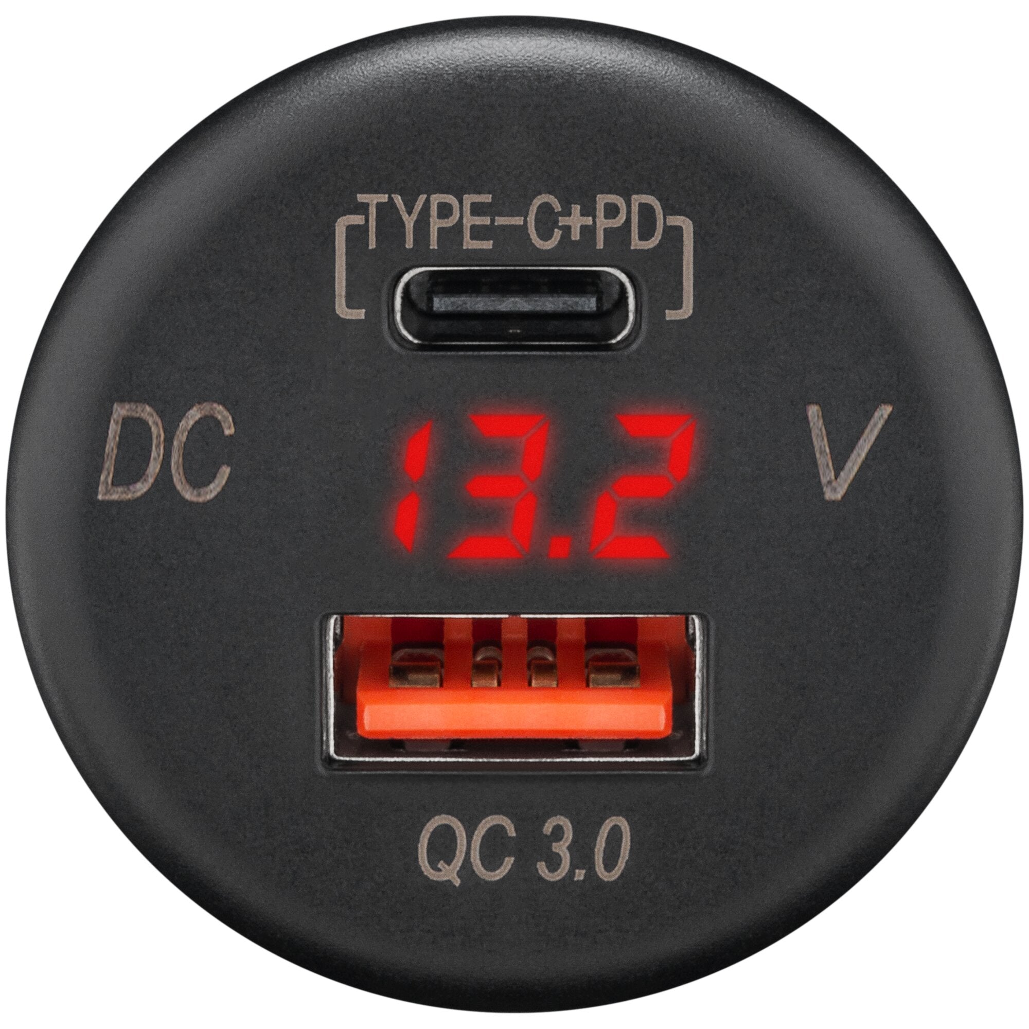 Rundes schwarzes Einbauladegerät mit USB-C Port TYPE-C+PD oben, rotes LED-Display 12.3 V, darunter USB-A Port in Orange und QC3.0