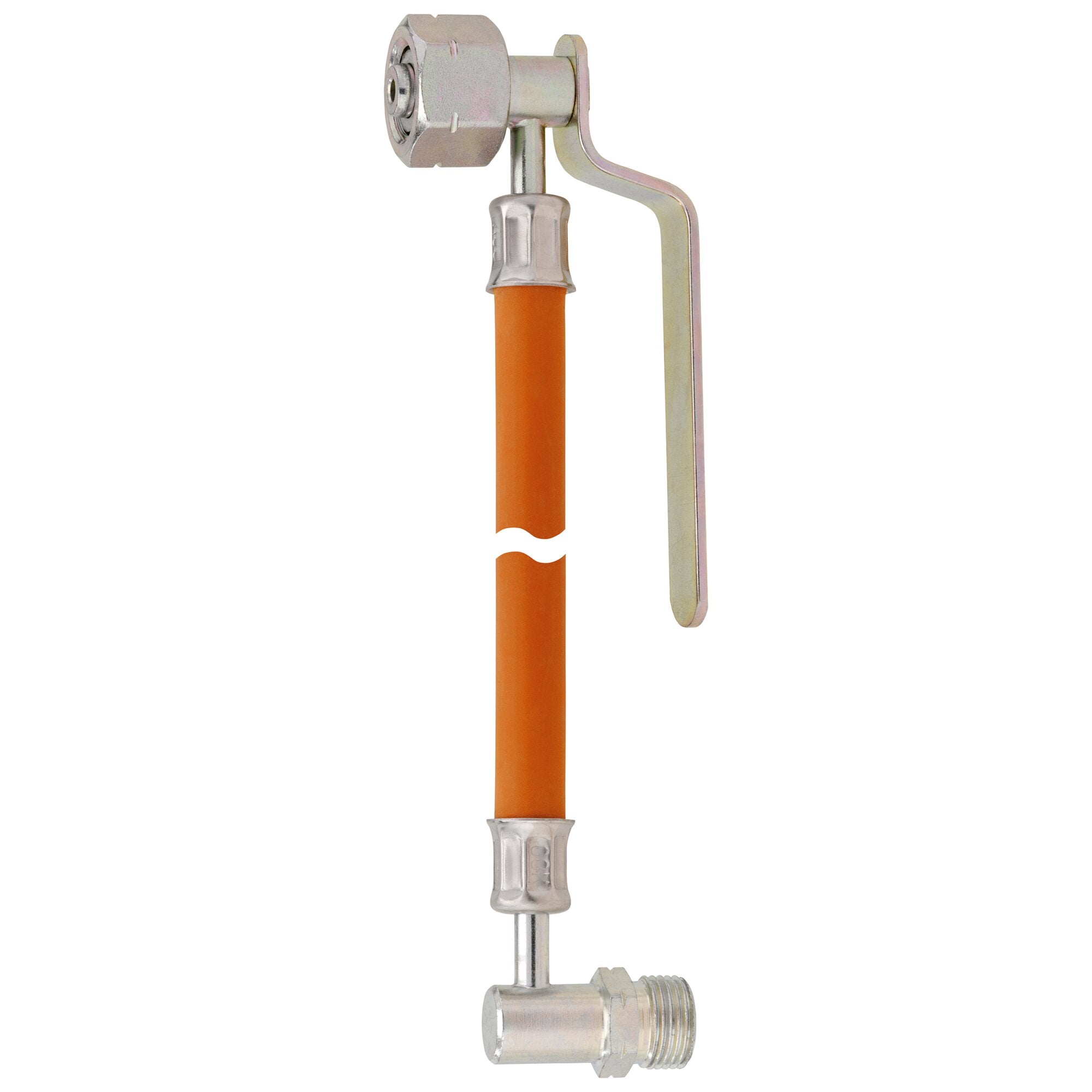 Detailaufnahme eines Gas-Hochdruckschlauchanschlusses: orangefarbener Schlauch, silberne Kupplung unten, gebogener Metallhebel oben rechts
