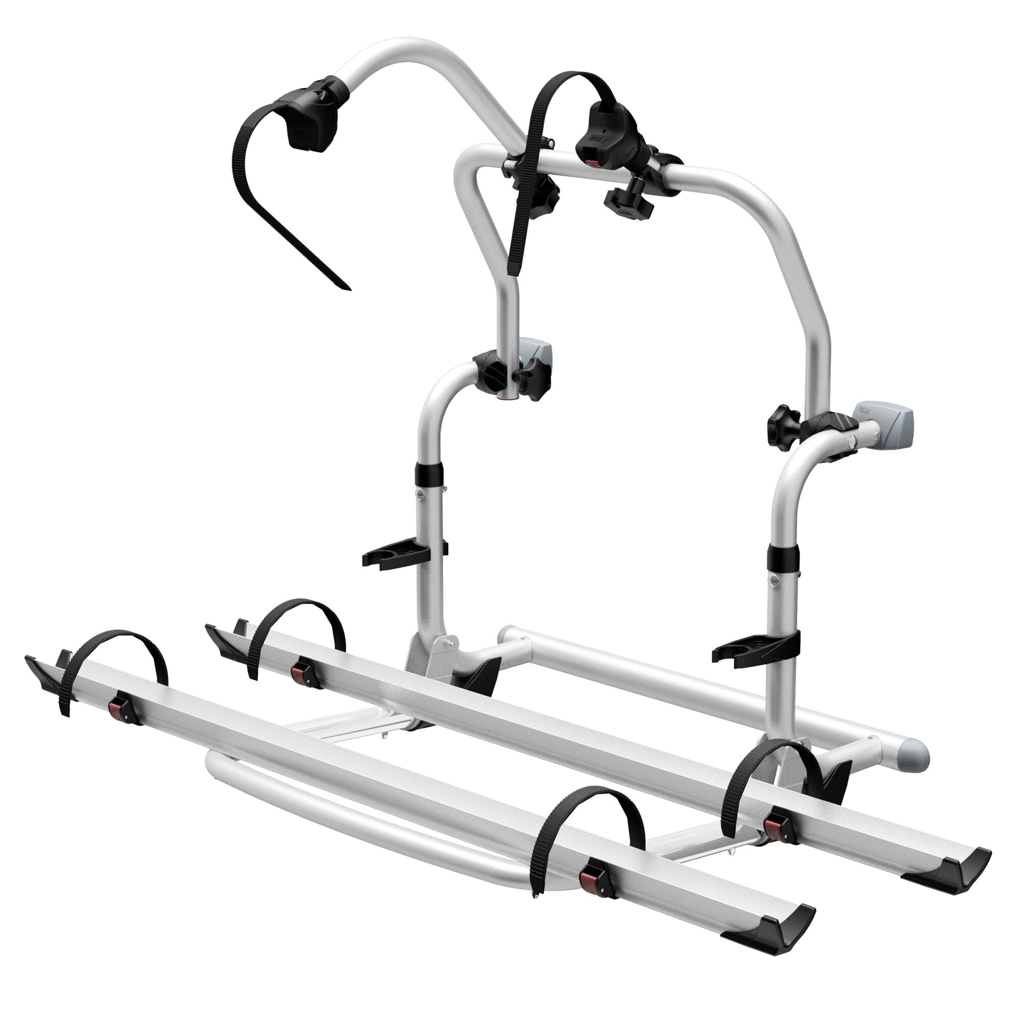 Silberner Carry-Bike Pro C Fahrradträger, sichtbare Aluminiumkonstruktion mit zwei Querträgern, Spanngurten und Befestigungsklemmen