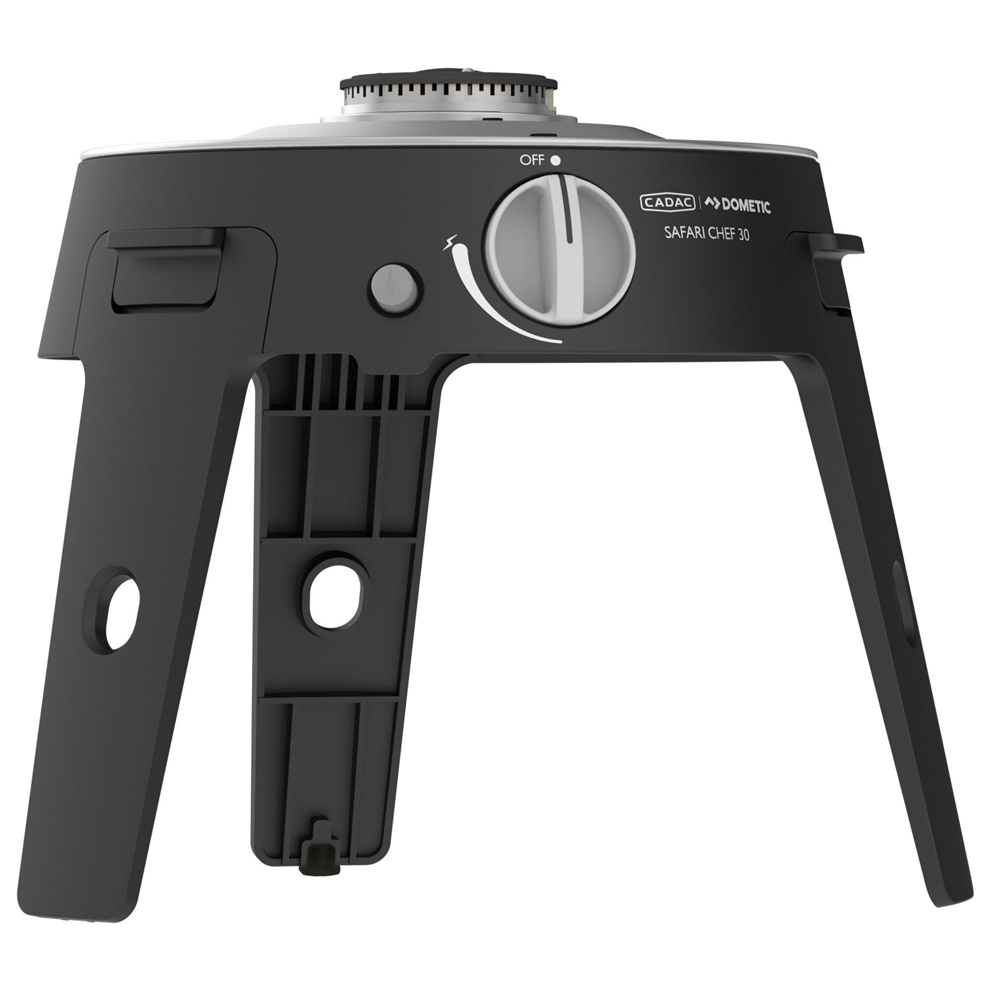 Detailaufnahme eines grauen Gasgrills mit Drehknopf, OFF-Position, Flammensymbol und CADAC DOMETIC Safari Chef 30-Logo