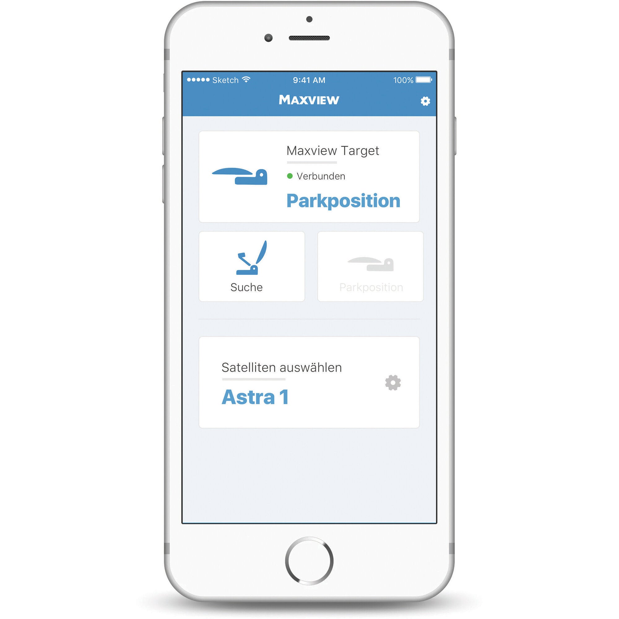 Smartphone-Display mit der Maxview Target App, Verbindungsstatus Verbunden, Parkposition-Icon und Suchfunktion in Blau-Weiß