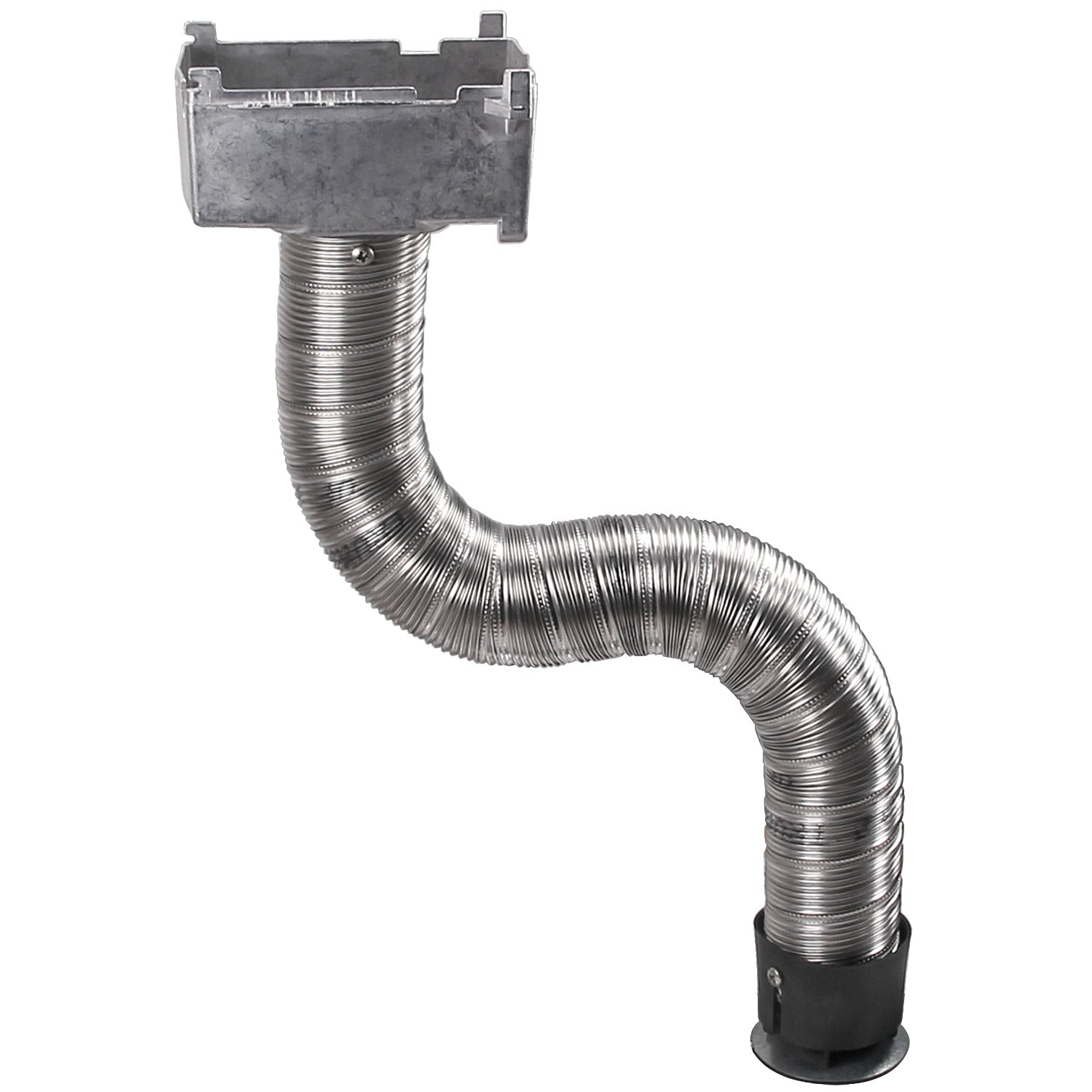 Ansaugverlängerung aus silbernem flexiblen Metallrohr mit rechteckigem Anschlusskopf oben und schwarzem Sockel unten, etwa 50 cm lang