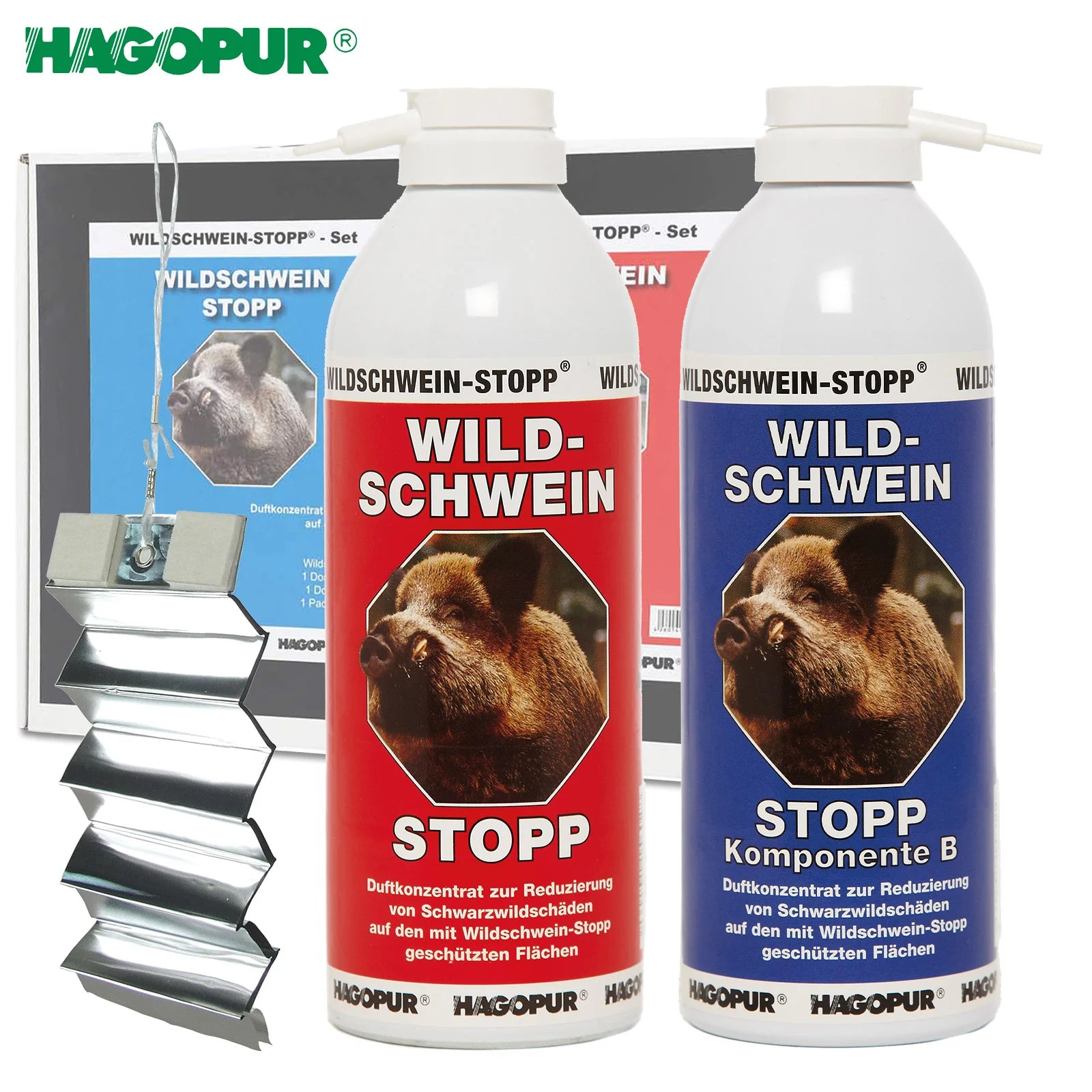 HAGOPUR Wildschwein-Stopp Set mit Rot und Blau je 400 ml und 10 Alustreifen