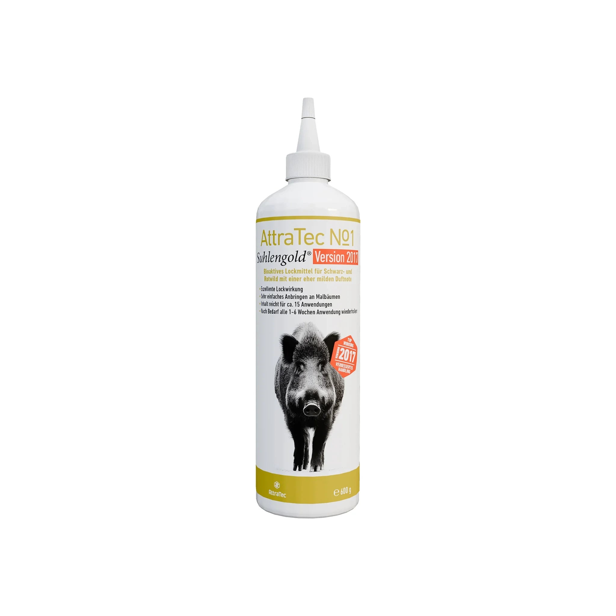 AttraTec No 1 Suhlengold Version 2017 600-g-PET-Flasche in Vorder- und Seitenansicht