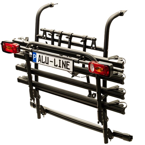 Rückansicht eines schwarzen Fahrradträgers aus Metall, klappbar, für vier Fahrräder, mit integrierten Rückleuchten und Kennzeichenhalter
