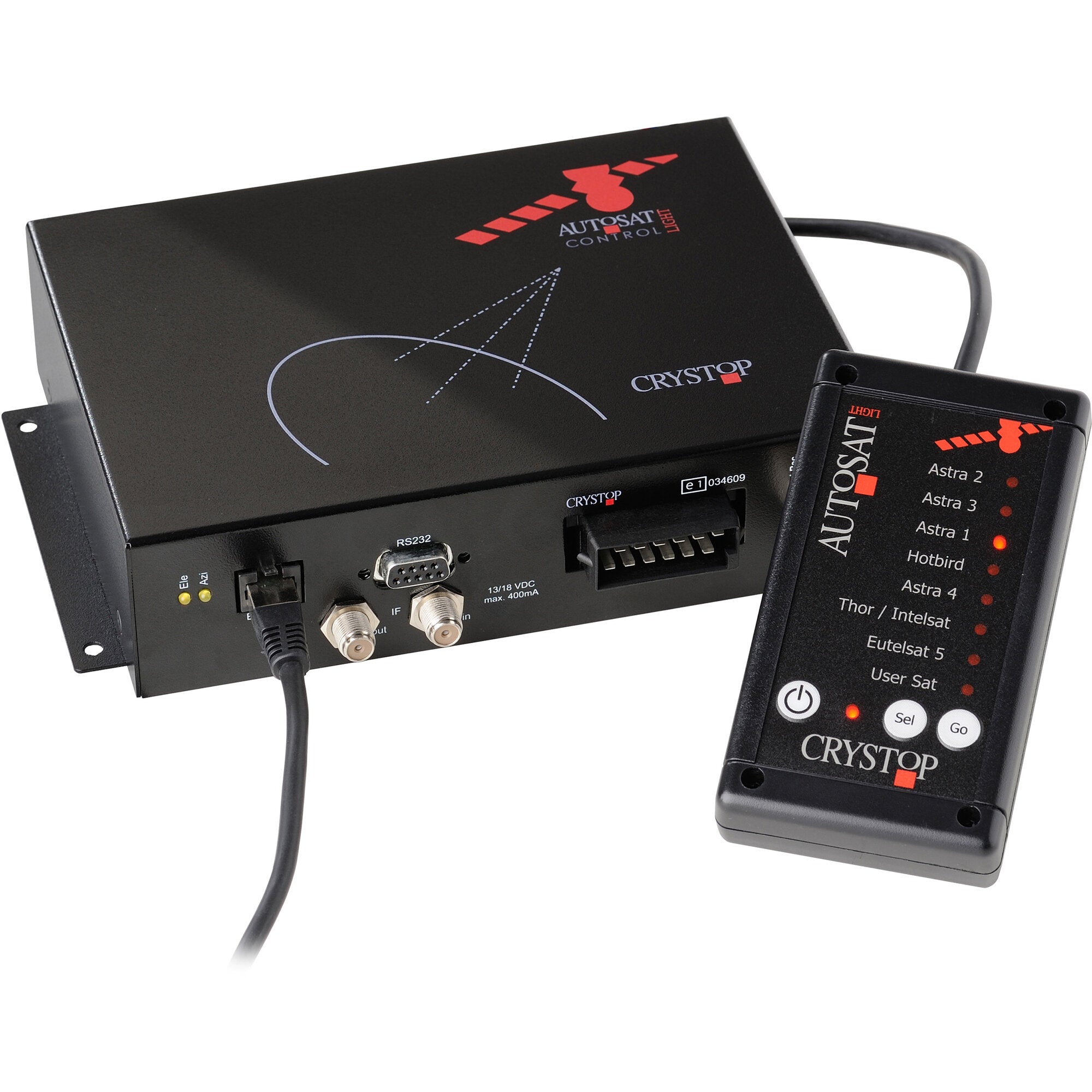 Schwarzes Sat‑Anlagen-Steuergerät mit mehreren Anschlüssen (RS232, Koax) und dazugehöriger Fernbedienung, sichtbare Beschriftung AutoSat Control Light Crystop
