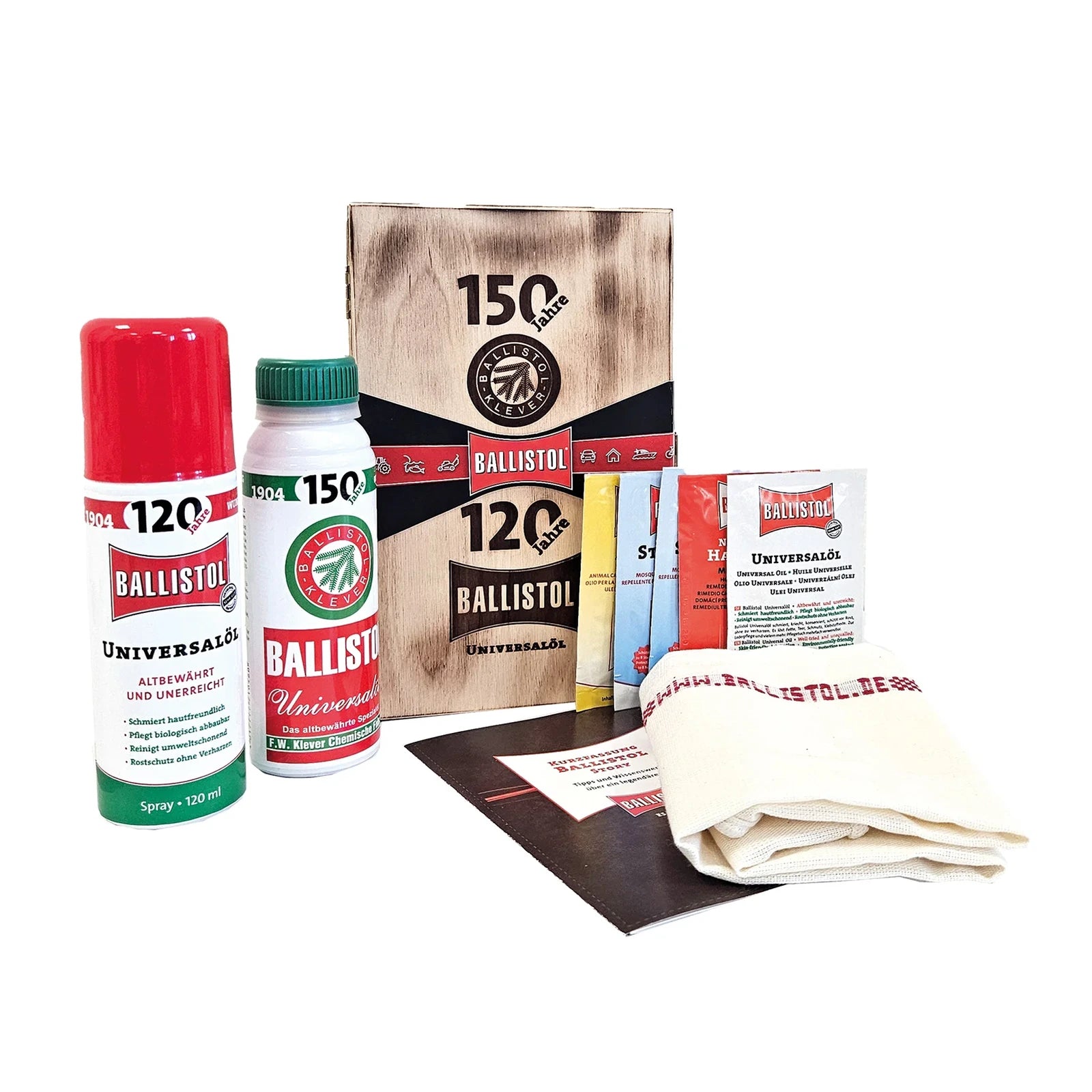 Ballistol Präsentbox in geflammter Holzkiste – Produktansicht 1