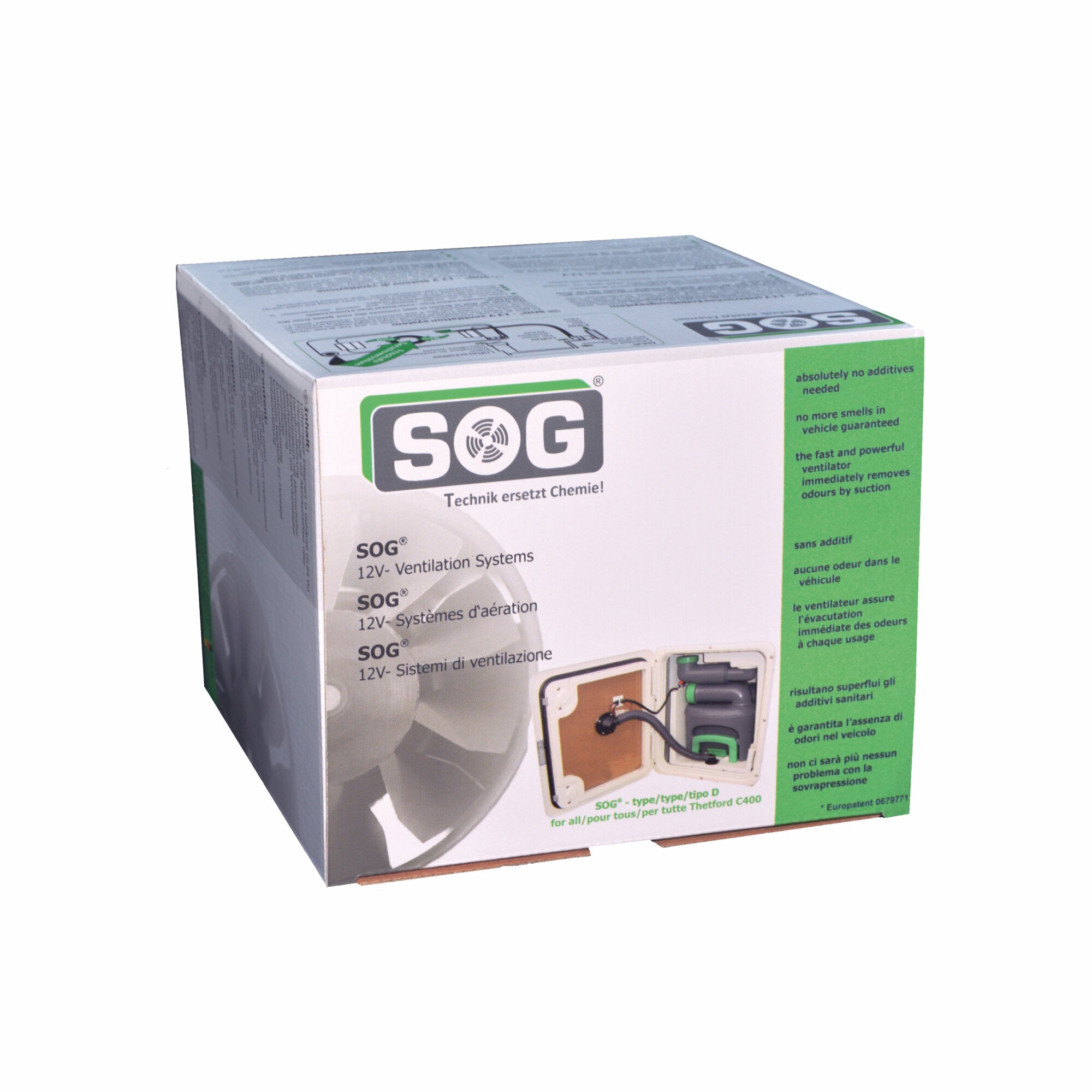 Verpackung eines SOG 12V Ventilation Systems; Vorderseite zeigt grün-weißes Design mit SOG-Logo, mehrsprachige Hinweise und unten sichtbare Anschlusskomponenten
