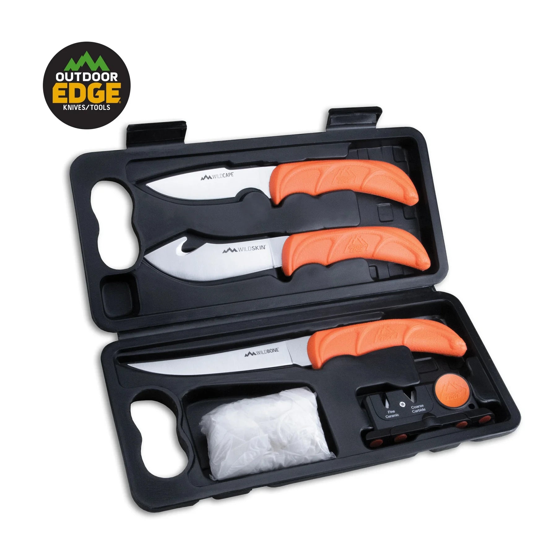 Outdoor Edge WildLite Zerwirkset mit drei Messern, Schärfer, Handschuhen und Hartschalenkoffer