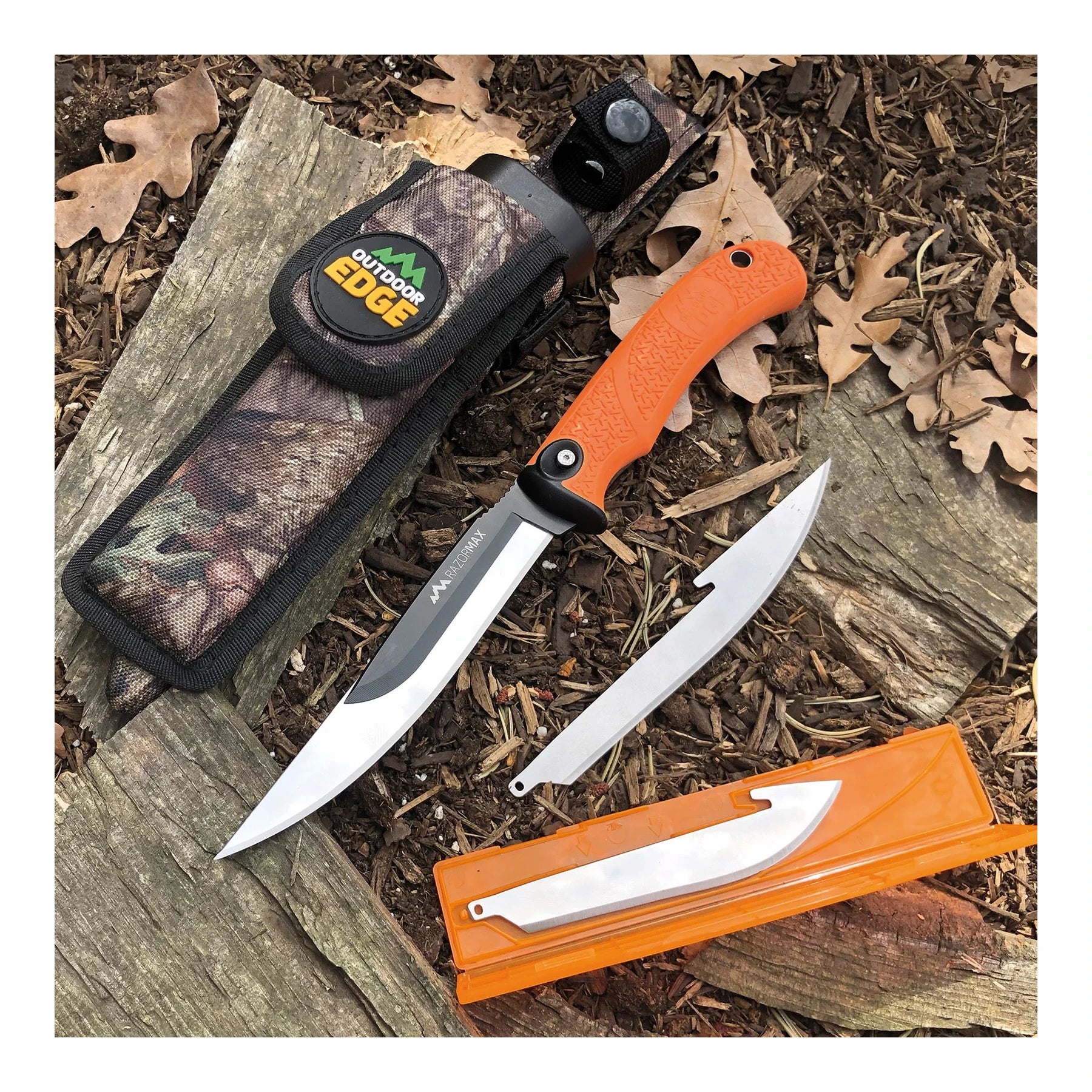 Outdoor Edge Razor Max mit orangefarbenem TPR-Griff, Wechselklingen und Nylonscheide