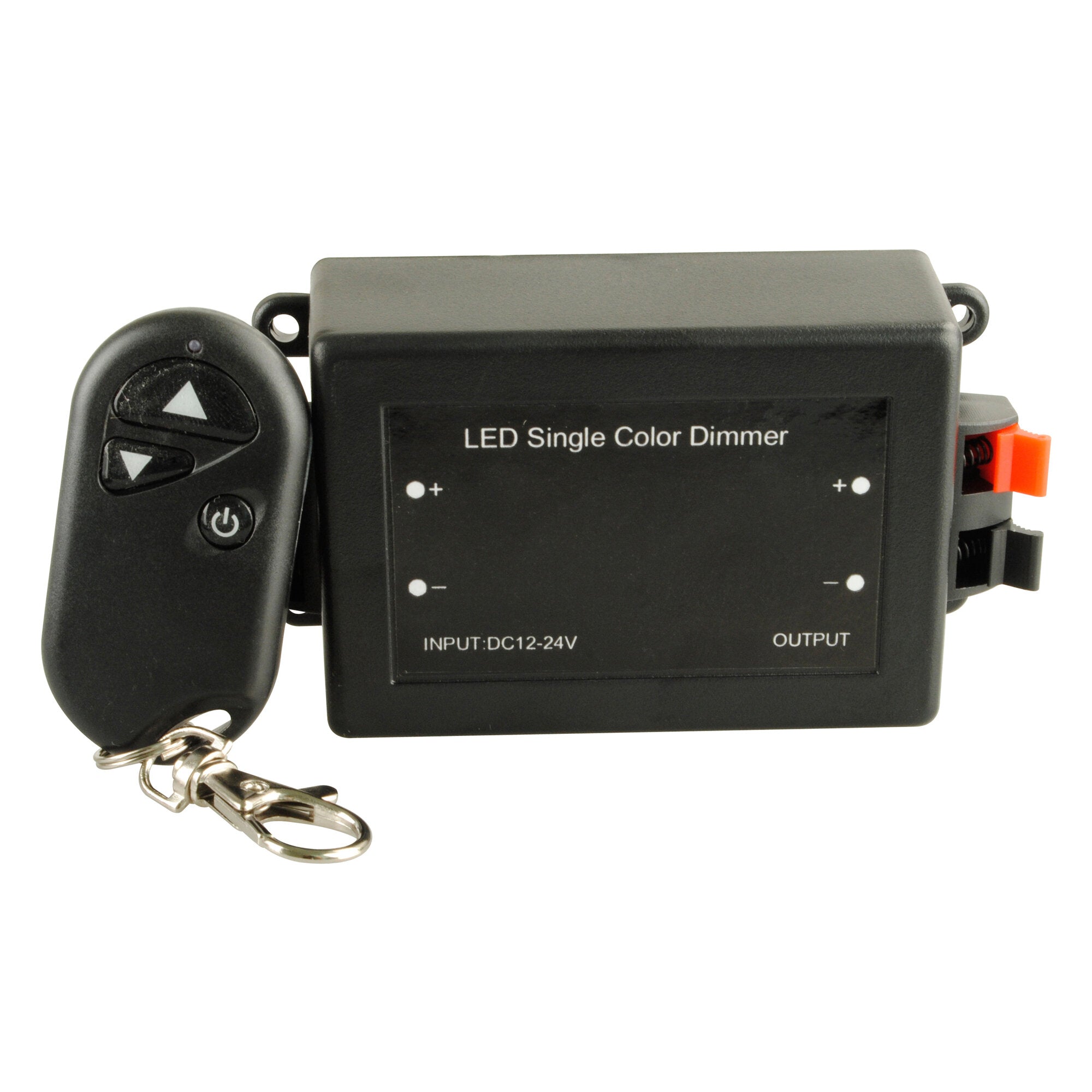 Schwarzer LED-Dimmer mit beiliegender Fernbedienung; sichtbar ist das Label LED Single Color Dimmer sowie Plus- und Minusmarkierungen und eine runde Fernbedienung mit Pfeiltasten