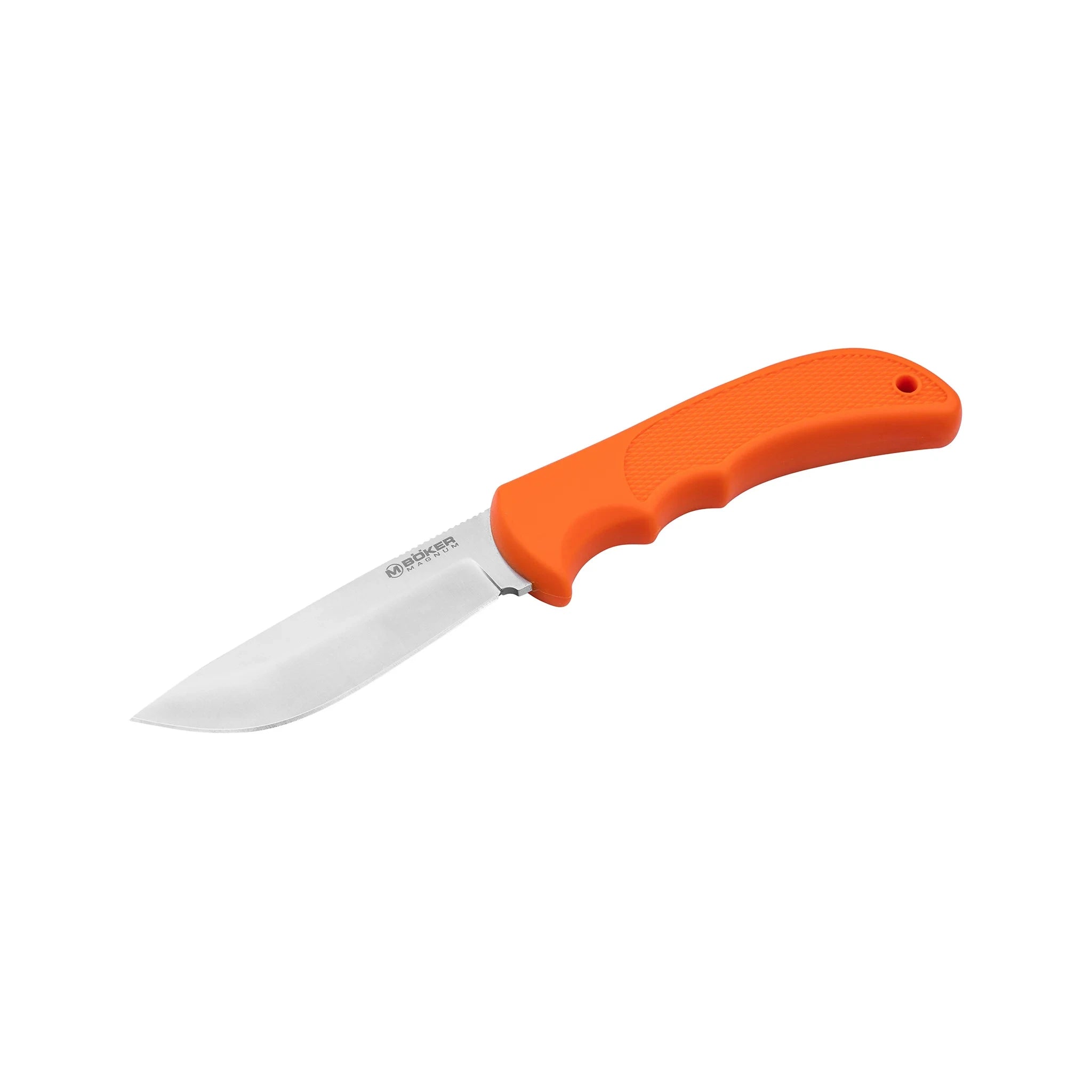 Böker Magnum Jagdmesser mit orangefarbenem TPR-Griff und 9 cm Drop-Point-Klinge