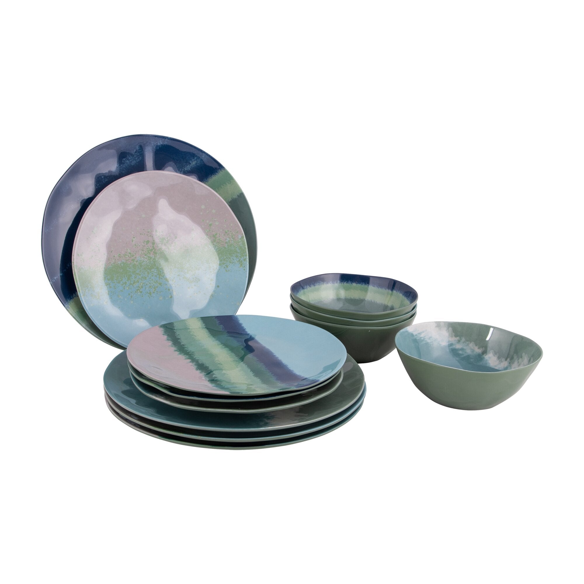 Mehrfarbiges, glasiertes Geschirrset mit Tellern und Schalen in Blau, Grün und Rosa, wasserfarbiges Muster, 12-teiliges Halo Set