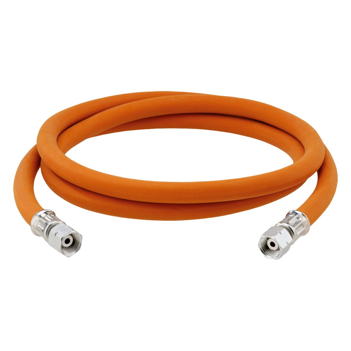 Orangefarbene Gas-Hochdruckschlauchleitung mit Metallverschraubungen an beiden Enden, G 3/8 LH-ÜM x G 3/8 LH-ÜM, aufgewickelt