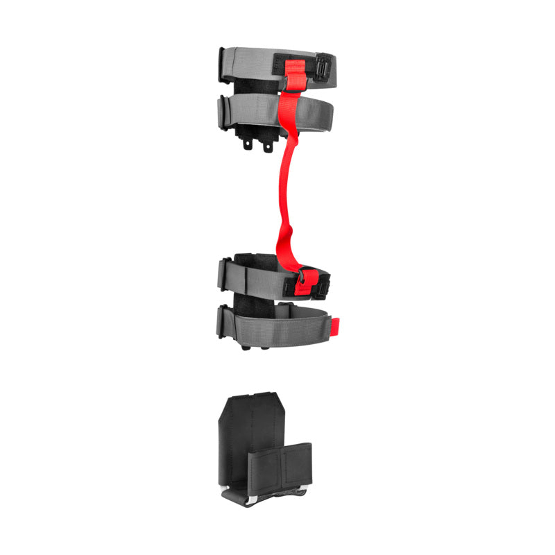 Schwarze Tasmanian Tiger TacVec WPN Fixation MKII Waffenhalterung mit rotem Sicherungsband, modularer Aufbau mit zwei.