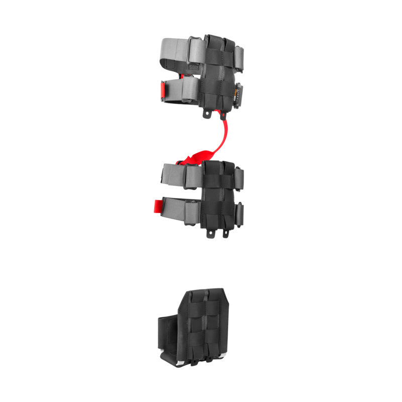 Schwarze Tasmanian Tiger TacVec WPN Fixation MKII Waffensicherung mit modularen Befestigungsschlaufen und roten.