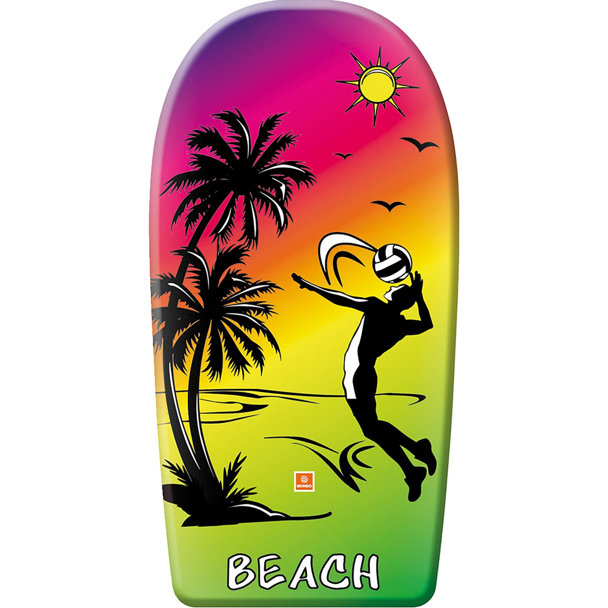 Bunter Surfboard-Aufdruck mit Sonnenuntergang in Pink, Orange und Gelb, Palmen, Vögeln und einer Beach-Volleyballszene; unten steht BEACH
