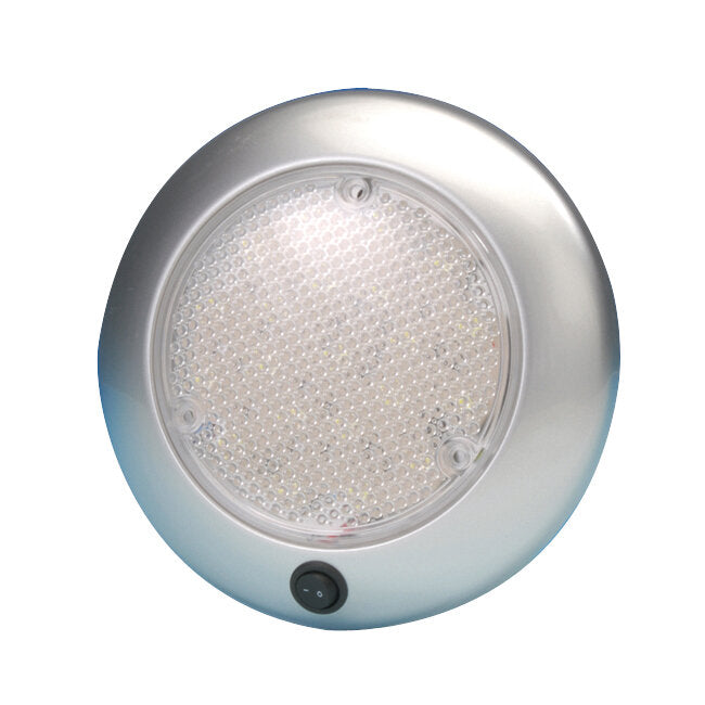 Runde Dome-Deckenleuchte mit silbernem Gehäuse und diffuser Front aus LED-Dots, unten am Gehäuse schwarzer Ein/Aus-Schalter sichtbar