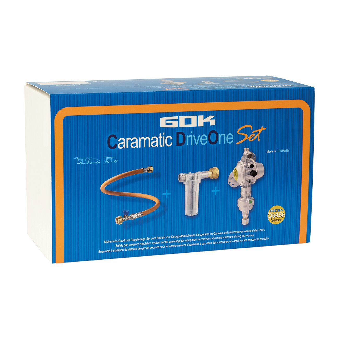 Blaues Kartonpaket zeigt Caramic DriveOne Set 60K mit Schlauch, Gasregelung und Druckregler Made in Germany