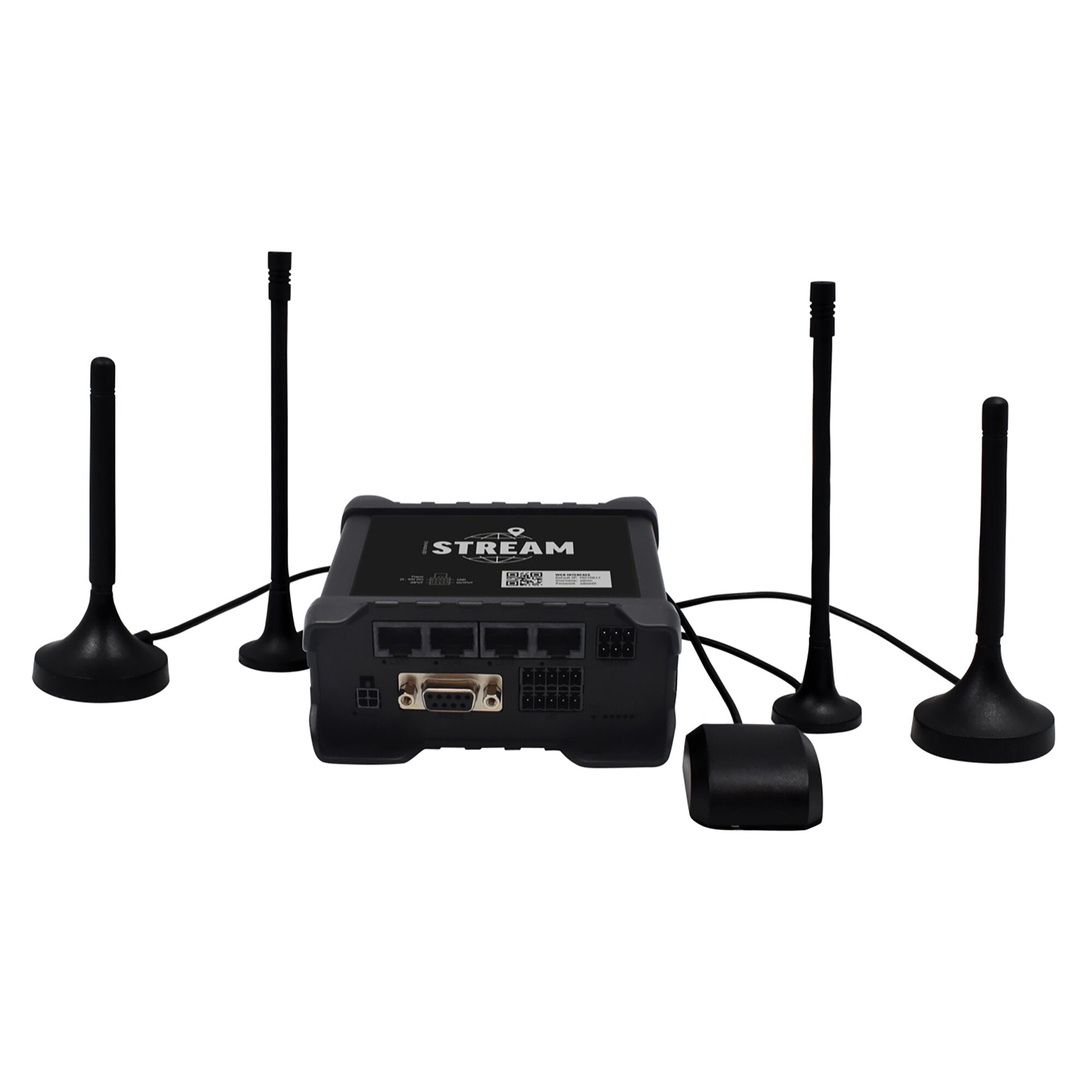 Schwarzes Routerset alphatronics Stream mit mehreren Antennen um eine zentrale Router-Einheit; sichtbare Anschlussports und Kabel