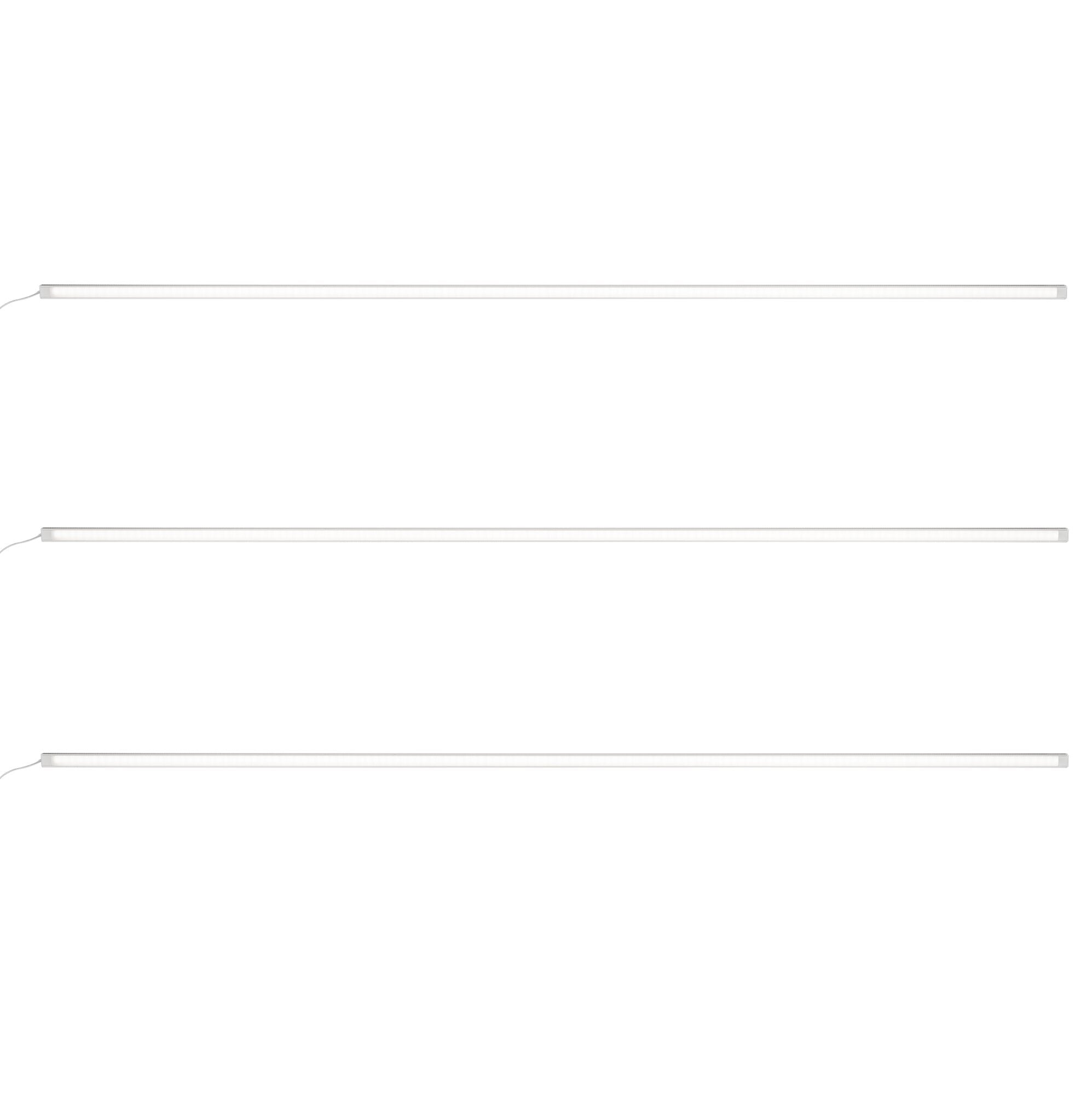 Drei schlanke LED-Lichtleisten in Weiß, flach und lang, mit linksseitigem Anschlusskabel, horizontal ausgerichtet – LED-Lichtleisten-Set für Vorzelte