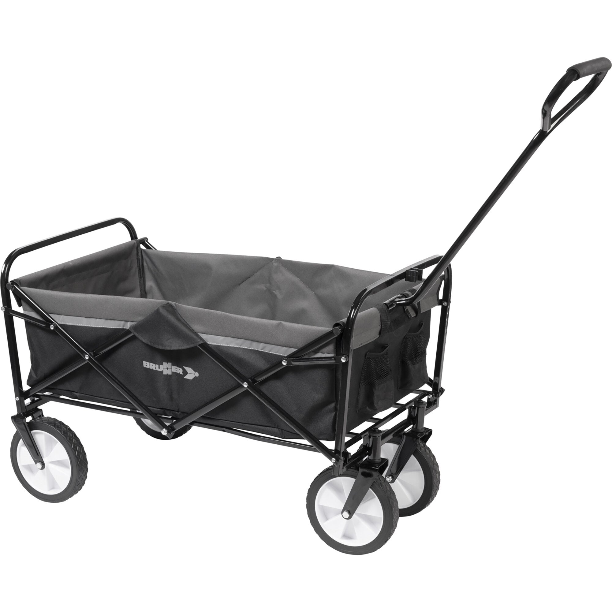 Faltbarer Bollerwagen von Brunner mit schwarzem Metallrahmen, grauer Stoffwanne, gepolstertem Griff und großen weißen Rädern