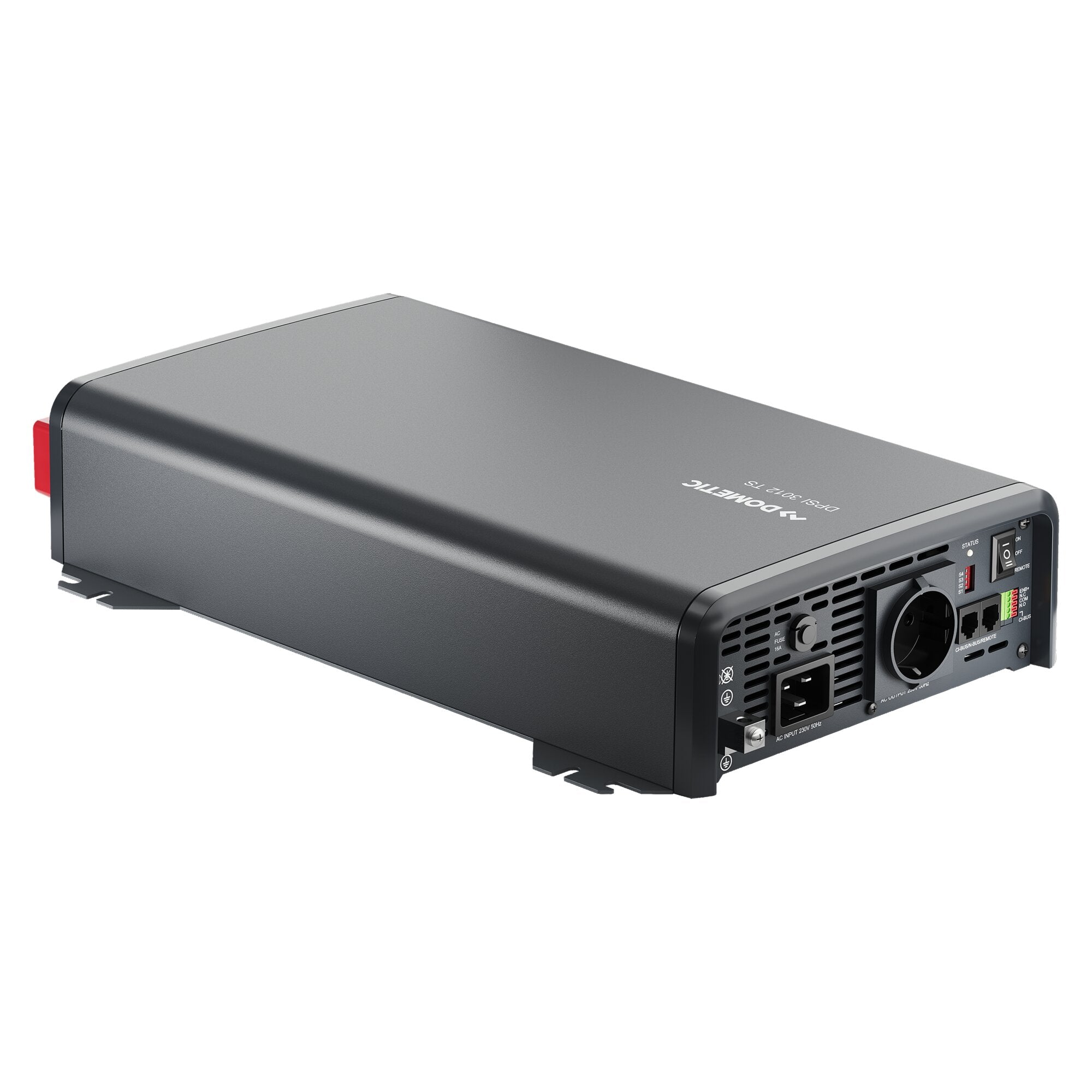 SinePower DPSI-TS 12 V 3000 W Wechselrichter, graues Gehäuse, Frontseite mit Lüftungsschlitzen, Anschlüssen und roter Rand