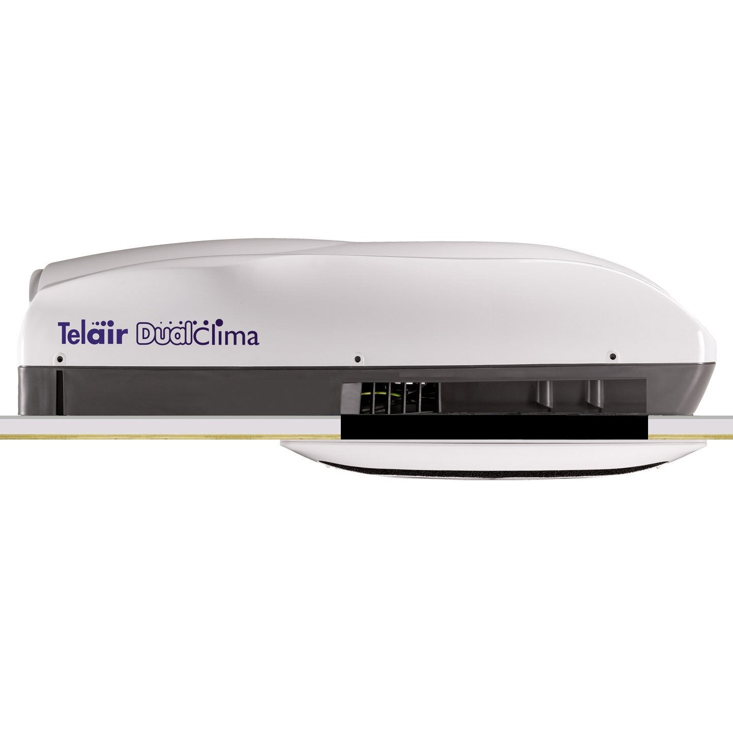 Seitenansicht einer weißen Dachklimaanlage Telair DualClima mit violettem Logo, Belüftungsgitter und dunkler Basis