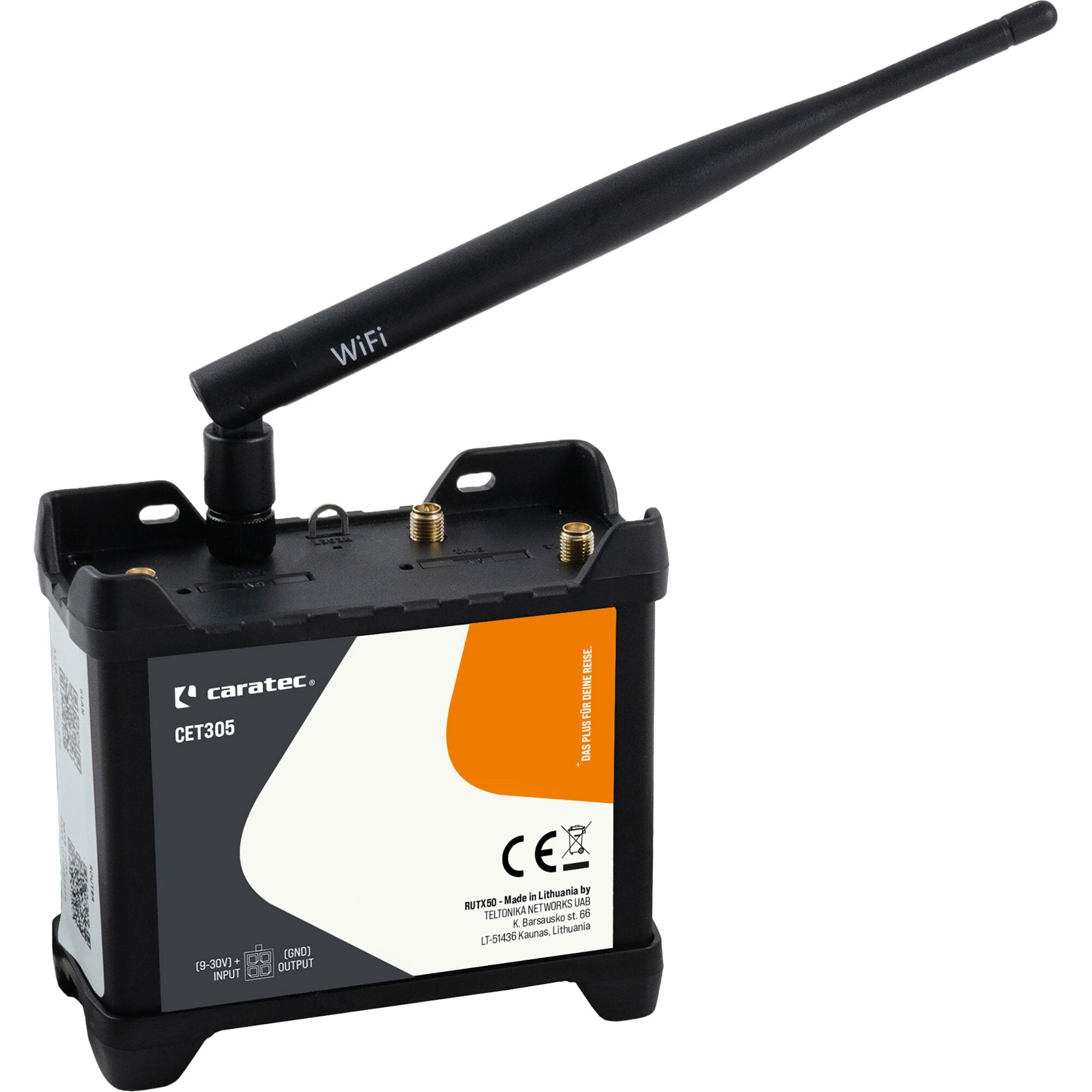 Schwarze lange WLAN-Antenne mit WiFi-Aufdruck auf einer schwarzen Basis mit zwei Goldanschlüssen und orangefarbenem Etikett
