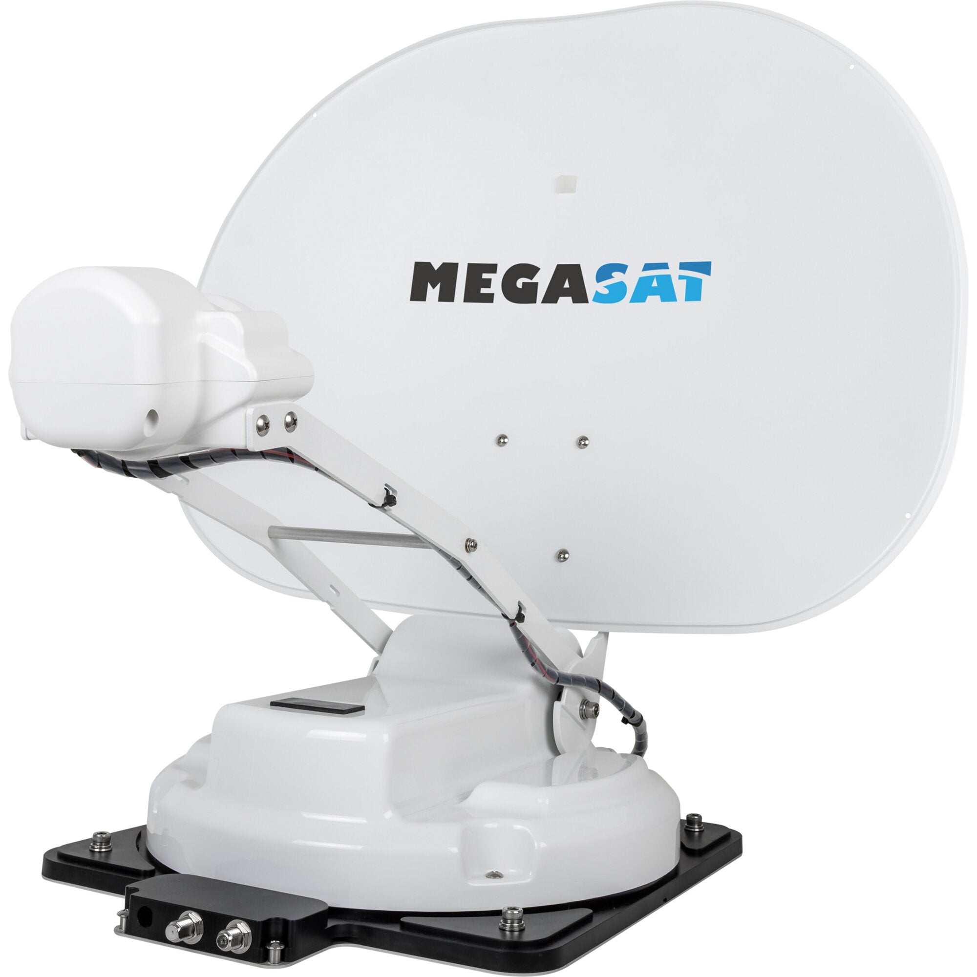 Weiße Satelliten-Parabolantenne mit LNB-Arm und verstellbarer Halterung, auf schwarzem Montagerahmen montiert; MEGASAT-Logo auf der Schüssel sichtbar