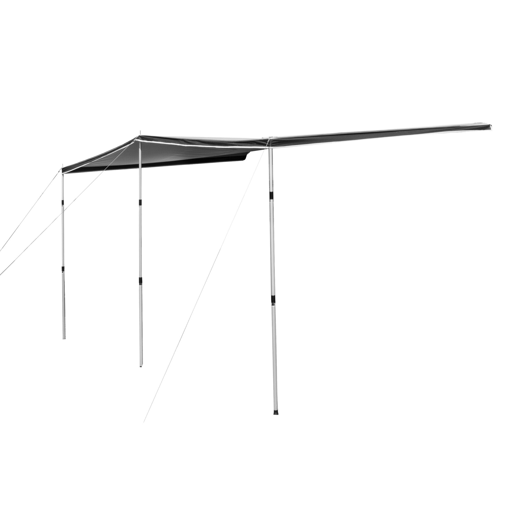 Seitliche Perspektive eines langen Sonnendach Canopy Shady Pro mit mehreren Stützen, dunkelgrauem Dachstoff und Abspannseilen