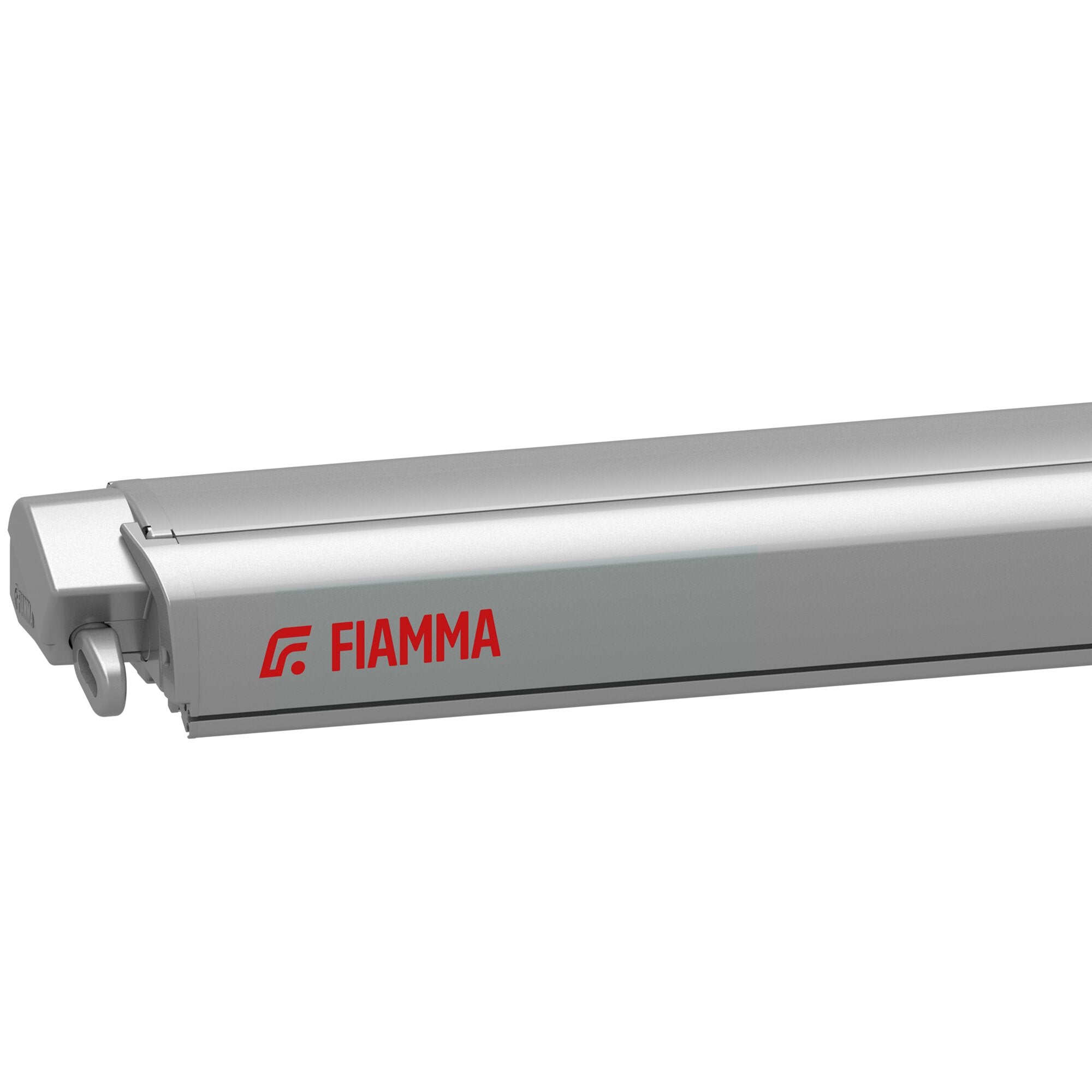 Rollmechanismus einer Markise F80 in titanfarben, seitlich sichtbar rotes FIAMMA-Logo, aus robustem Gehäuse mit Endkappe