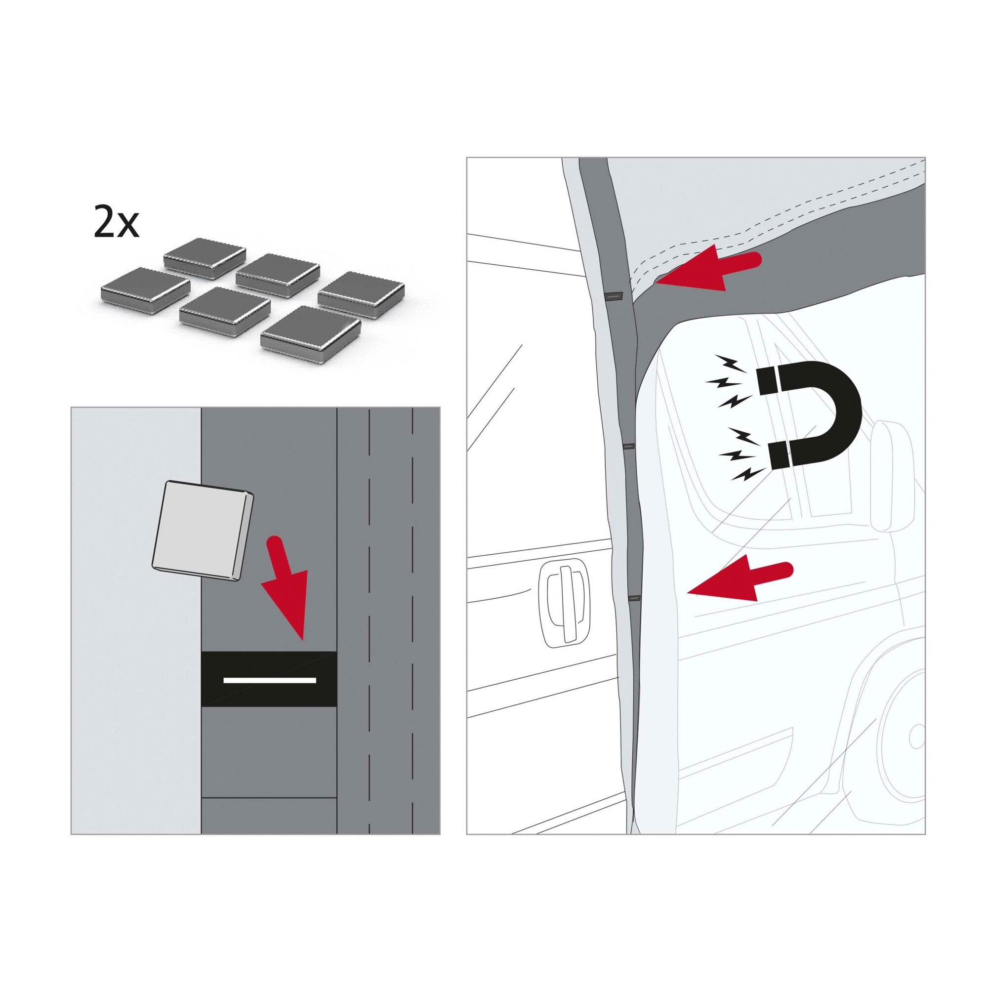 Zwei Magnetblöcke liegen links; rechts eine schematische Türdarstellung eines Ducato H3 mit rotem Pfeil zum Einbau des Privacy Room F80