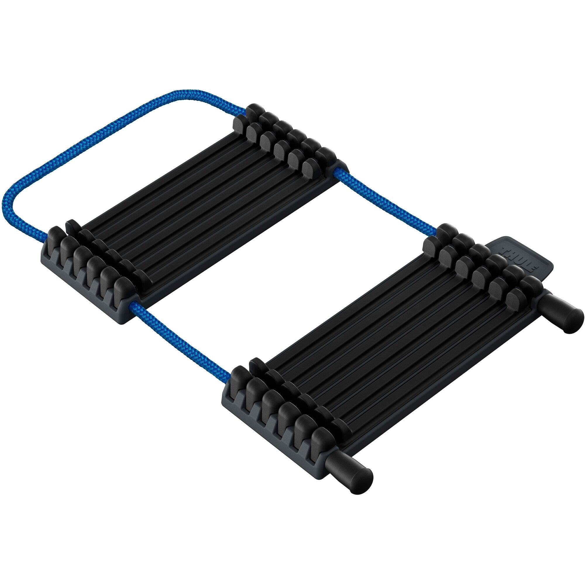 Nahaufnahme eines schwarzen Kunststoffschutzes mit parallelen Rippen und einer blauen geflochtenen Schnur, vermutlich Rahmenschutz für Carbonrahmen