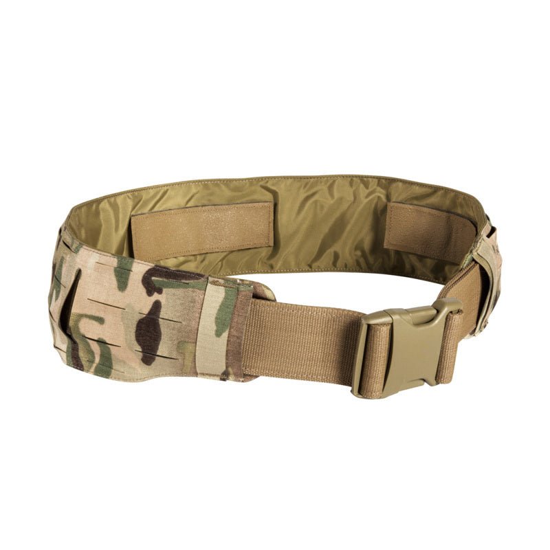 Taktischer Gürtel in Olivgrün mit Camouflage-Muster, gepolstert und mit robustem Verschluss, Molle-Schlaufen am Außenbereich.