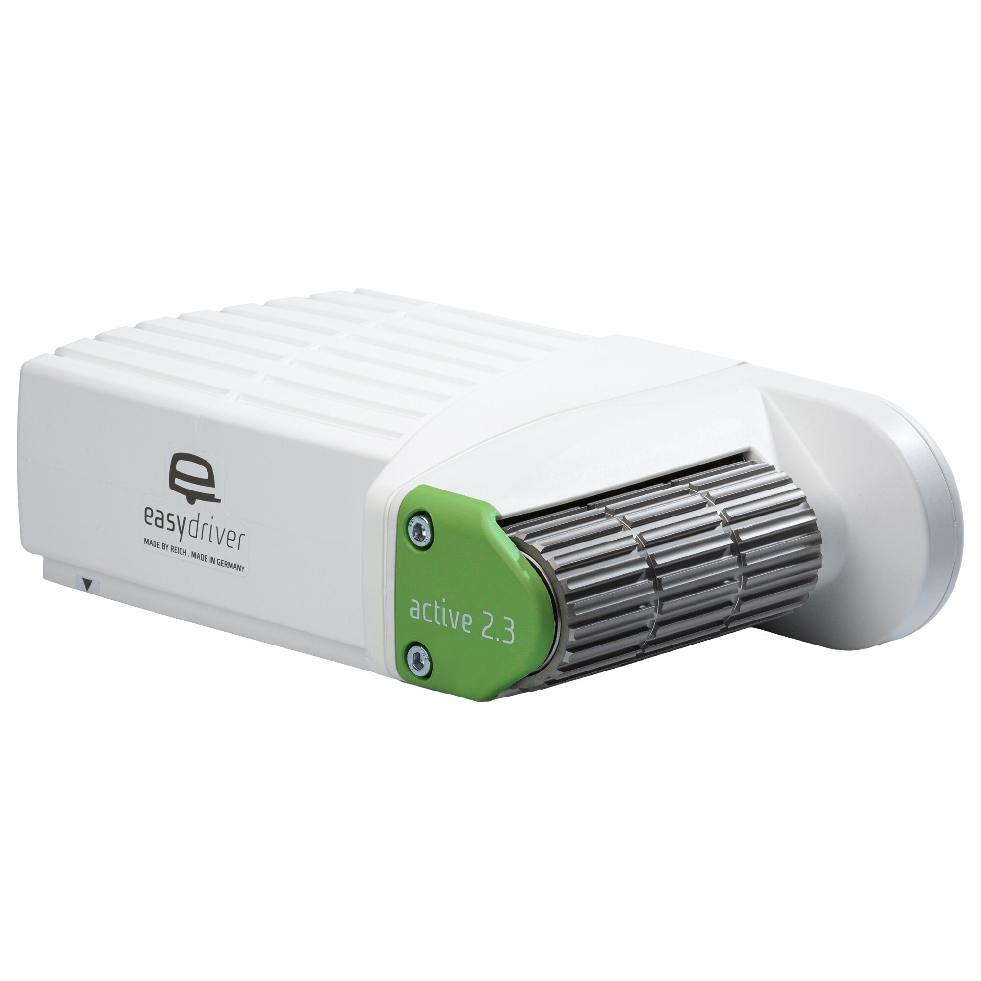 Weiße Motor-Getriebeeinheit Easydriver Active 2.3, linke Seitenansicht mit grüner Abdeckung und gerippter silberner Antriebsseite