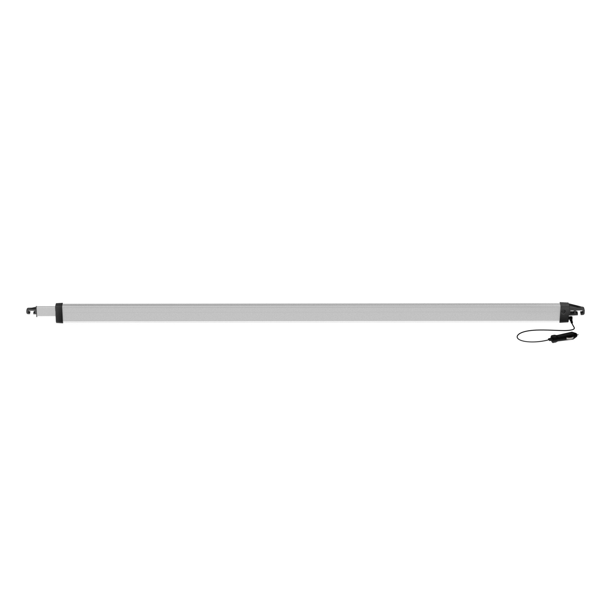 Spannstange Rafter LED CaravanStore, lange Metallstange mit schwarzen Endkappen, integrierter LED-Leiste, rechts Kabel mit Stecker