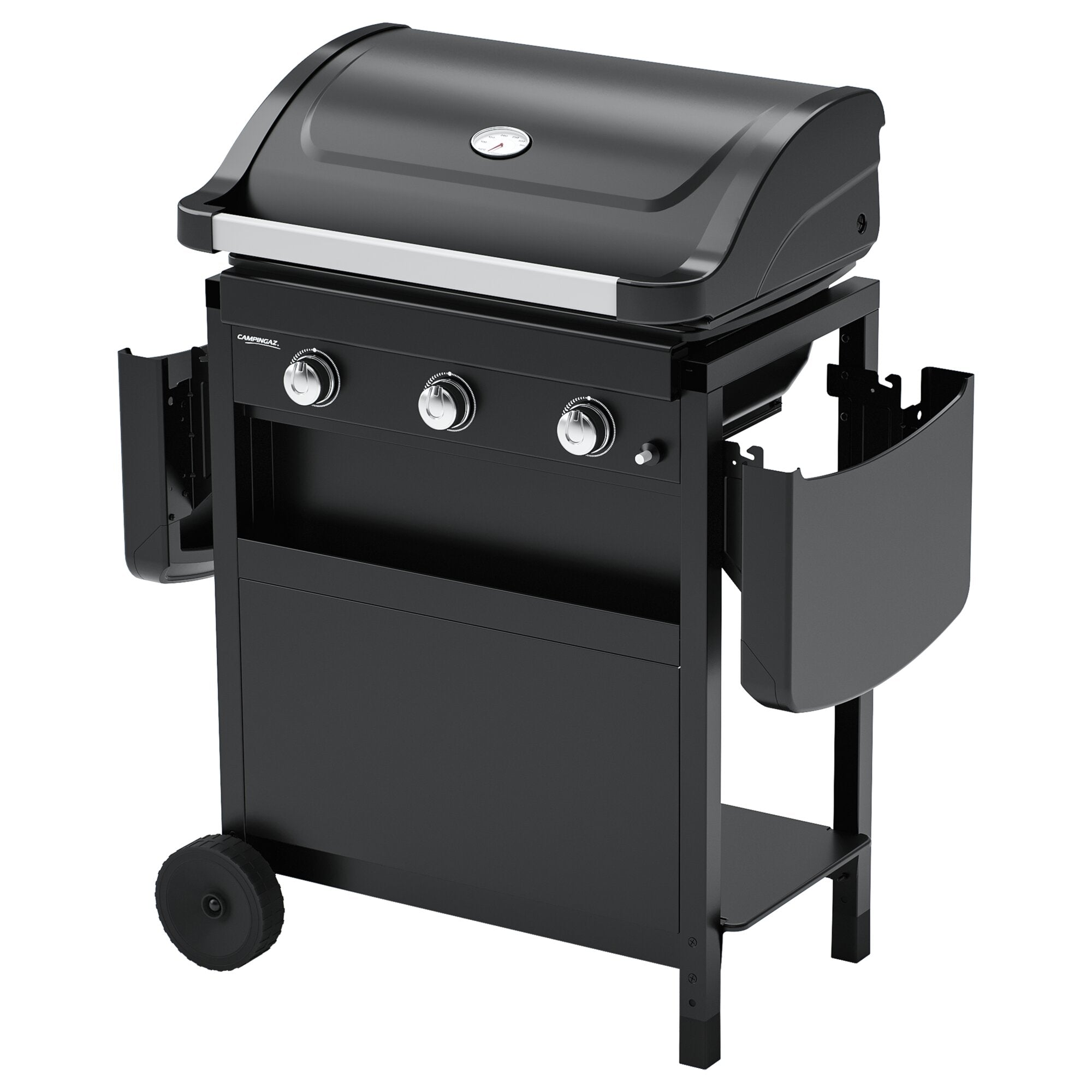 Gasgrill Compact 3 L in schwarzer Metalloptik, Deckel mit Thermometer, drei Kontrollknöpfe und Standrahmen mit Rädern